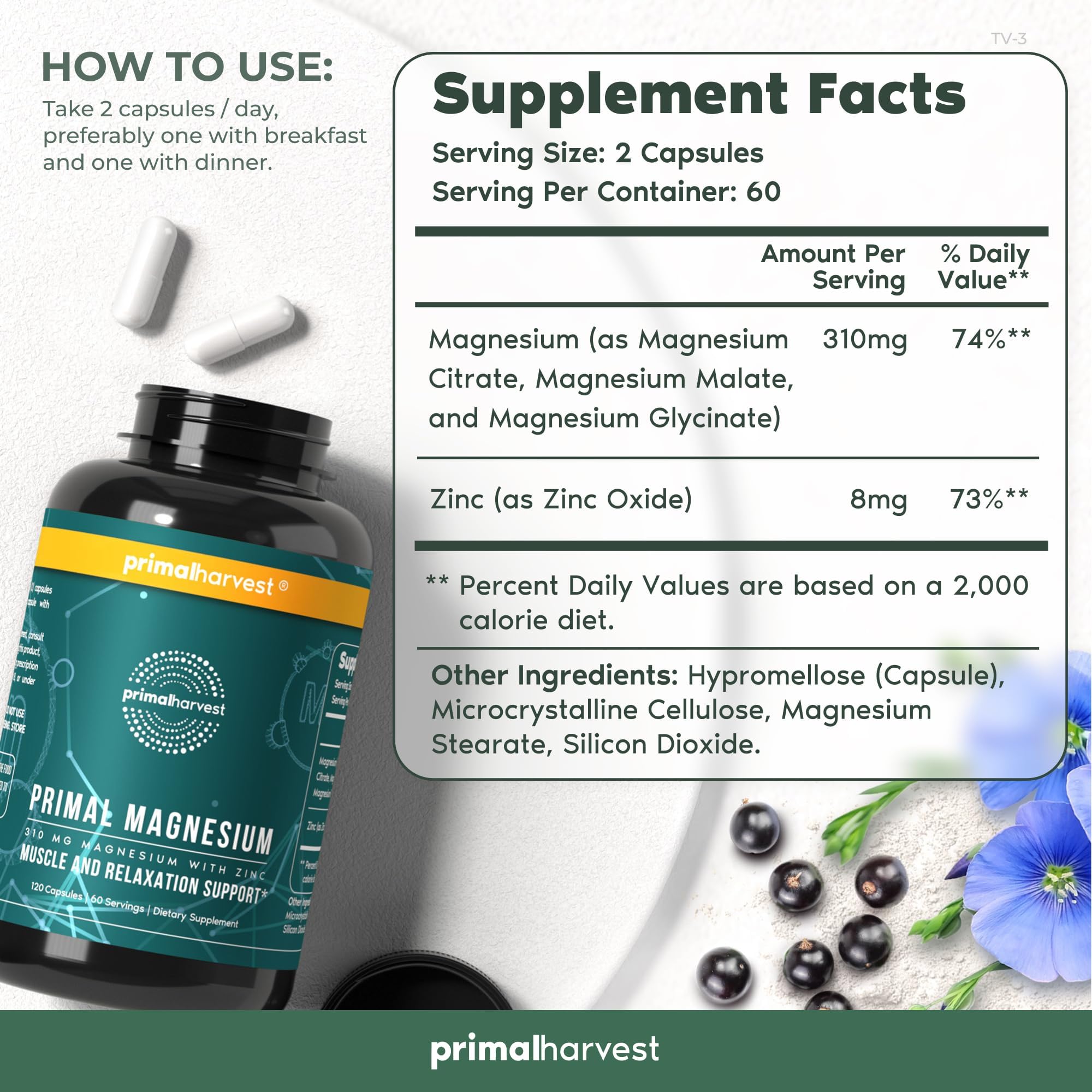 Primal Harvest Magnesium Complex 310mg with Glycinate, Citrate, Malate + Zinc — 2 Pack, 240 Capsules