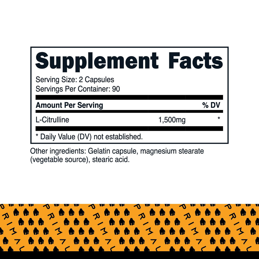 Primal L-Citrulline Capsules (180 Capsules, 1,500 mg Per Serving) | Premium L-Citrulline Supplement