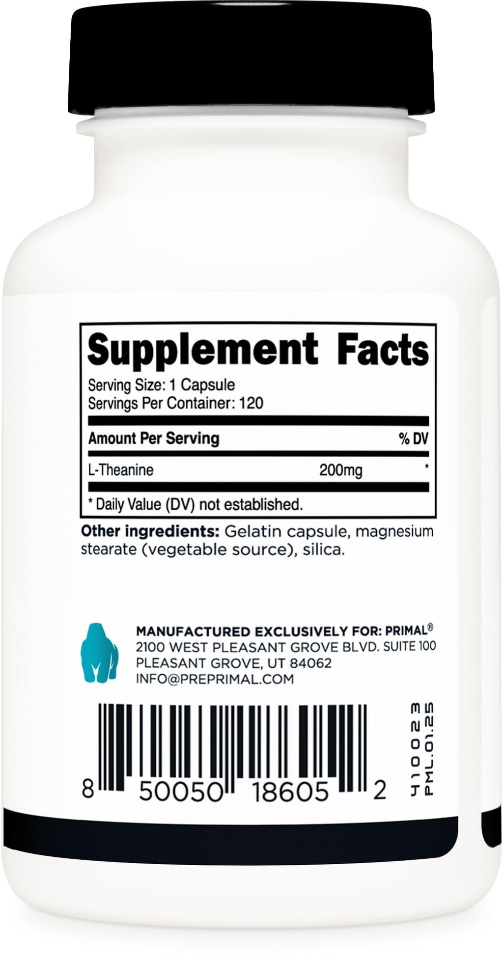 Primal L-Theanine Capsules (120 Servings, 200 mg Per Serving) – Non-GMO, Gluten Free