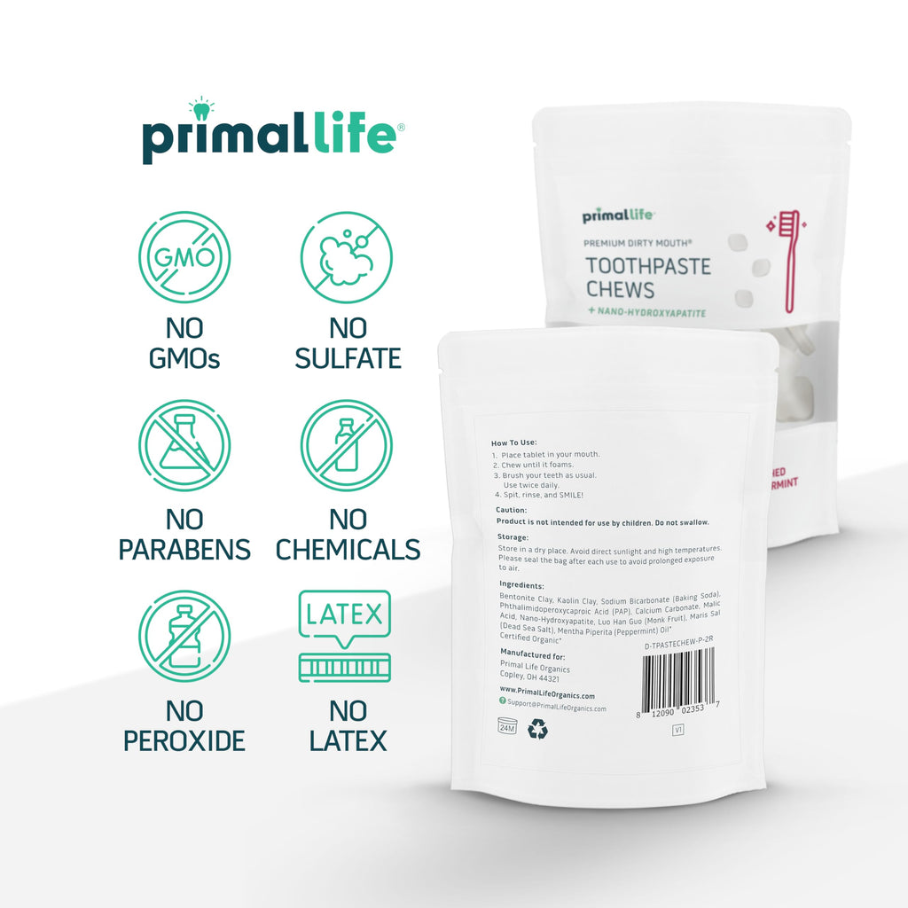 Primal Life Organics Dirty Mouth Chews – Nano-Hydroxyapatite Whitening, 60 Tabs, Polished Peppermint