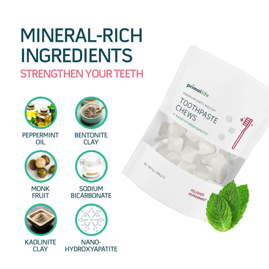 Primal Life Organics Dirty Mouth Chews – Nano-Hydroxyapatite Whitening, 60 Tabs, Polished Peppermint
