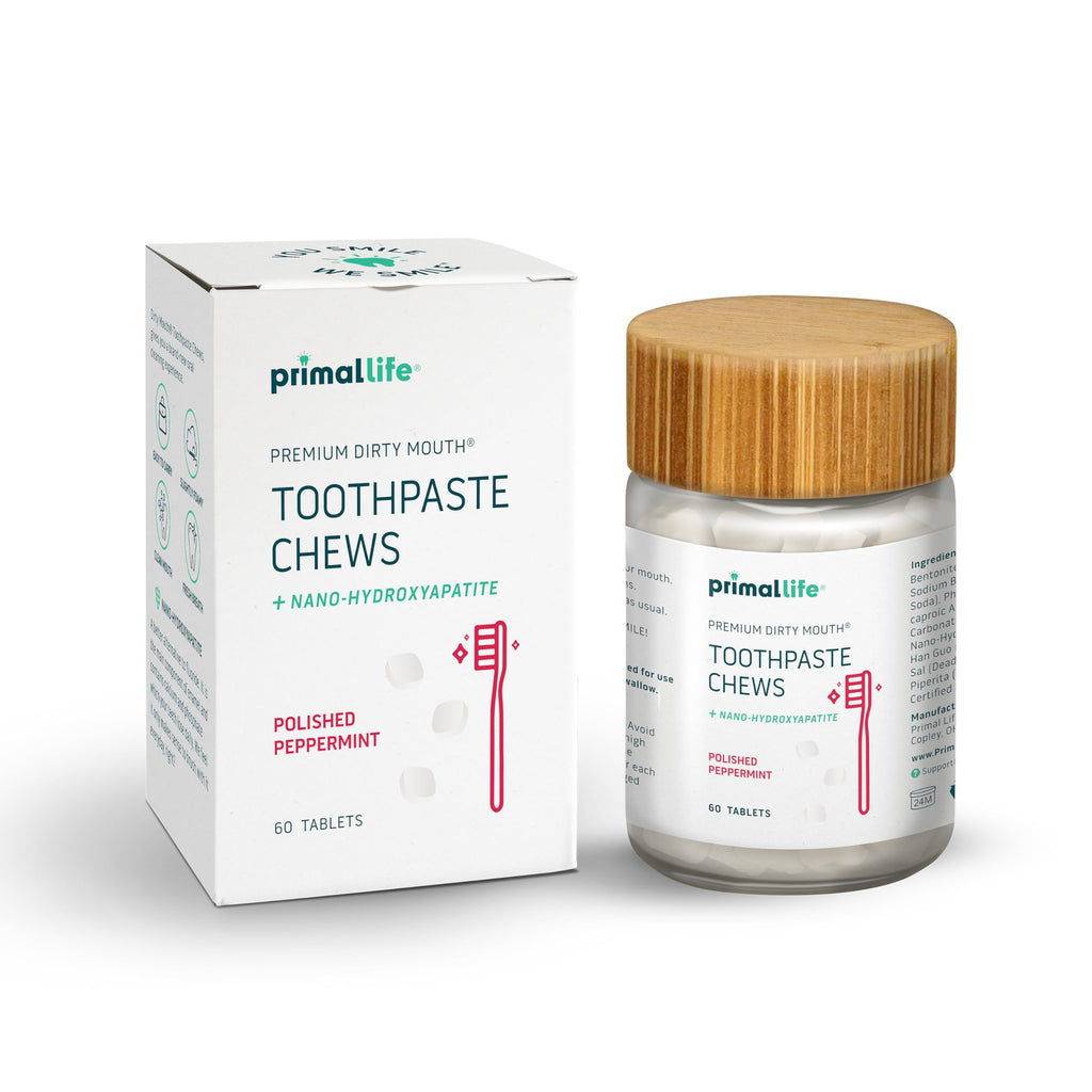 Primal Life Organics Dirty Mouth Toothpaste Chews – Nano-Hydroxyapatite Whitening, 60 ct, Gluten Free