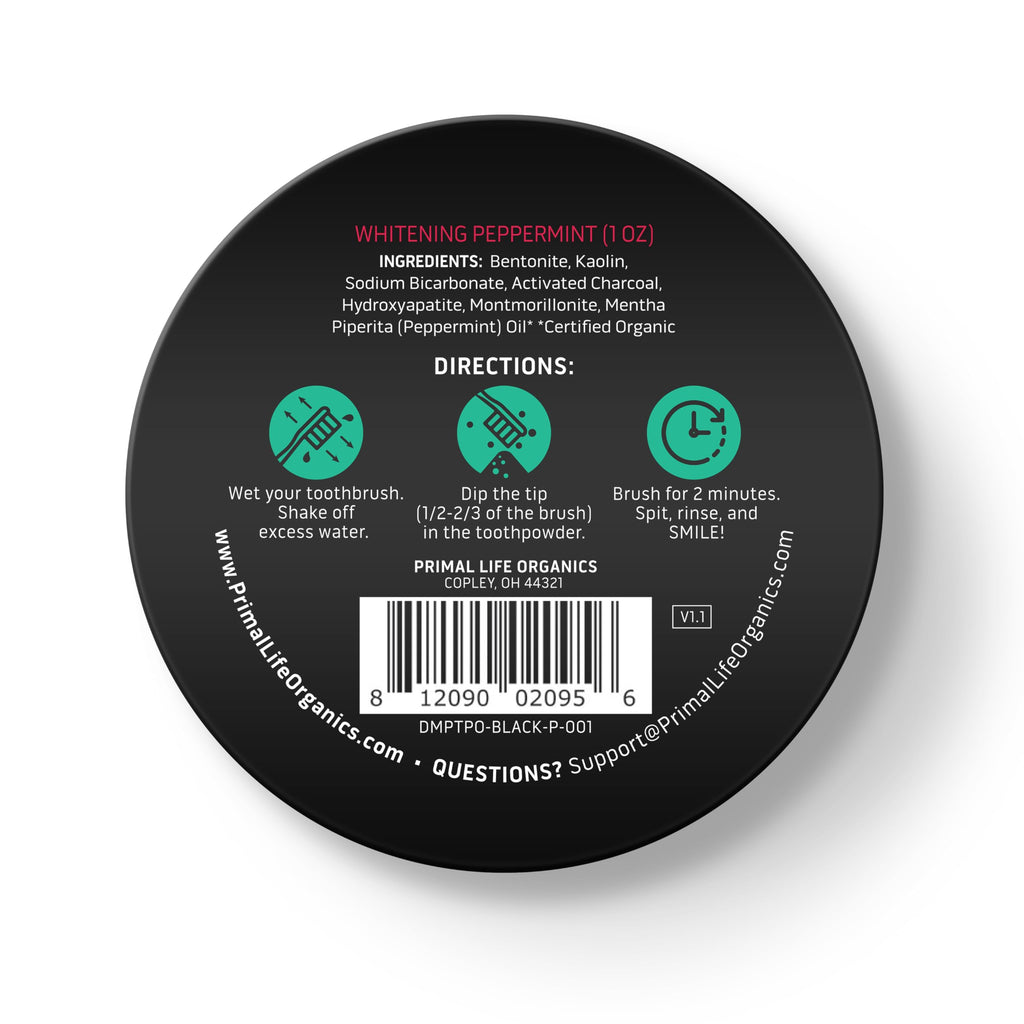 Primal Life Organics Dirty Mouth Toothpowder – Activated Charcoal with Kaolin & Bentonite Clay, Organic, Vegan, 1 oz (Black Peppermint) | 200+ Brushings