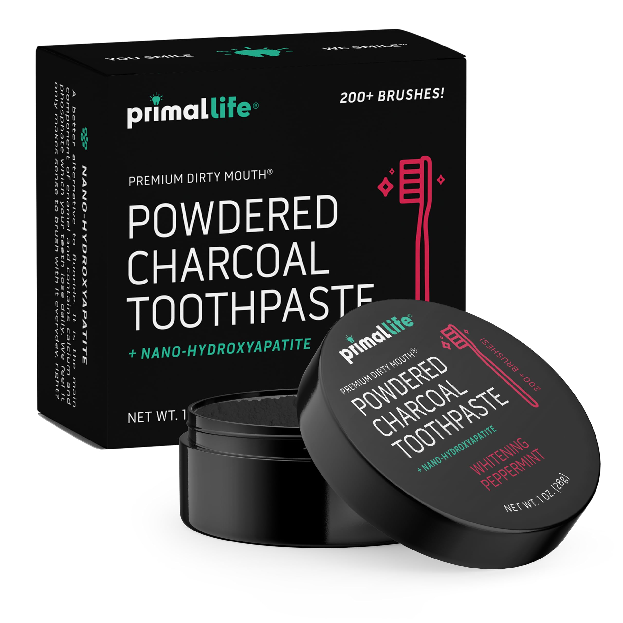 Primal Life Organics Dirty Mouth Toothpowder – Activated Charcoal with Kaolin & Bentonite Clay, Organic, Vegan, 1 oz (Black Peppermint) | 200+ Brushings