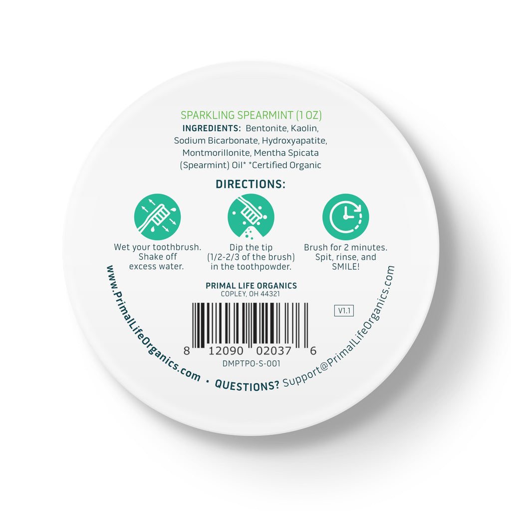 Primal Life Organics Dirty Mouth Toothpowder - Spearmint, 1 oz | 200+ Brushings, Paleo, Organic, Vegan