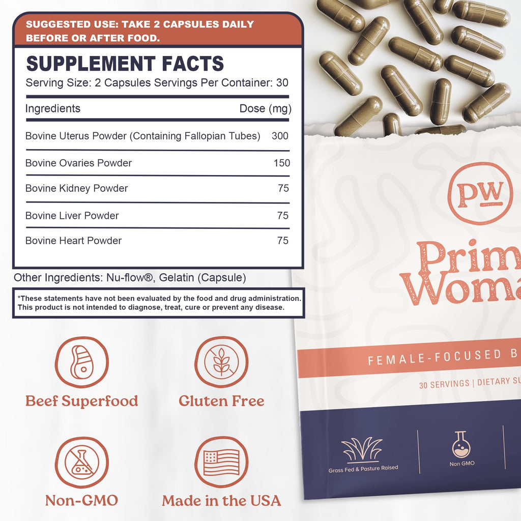 Primal Woman Beef Organ Capsules for Women — Grass-Fed Liver & Heart Support (60 Capsules)
