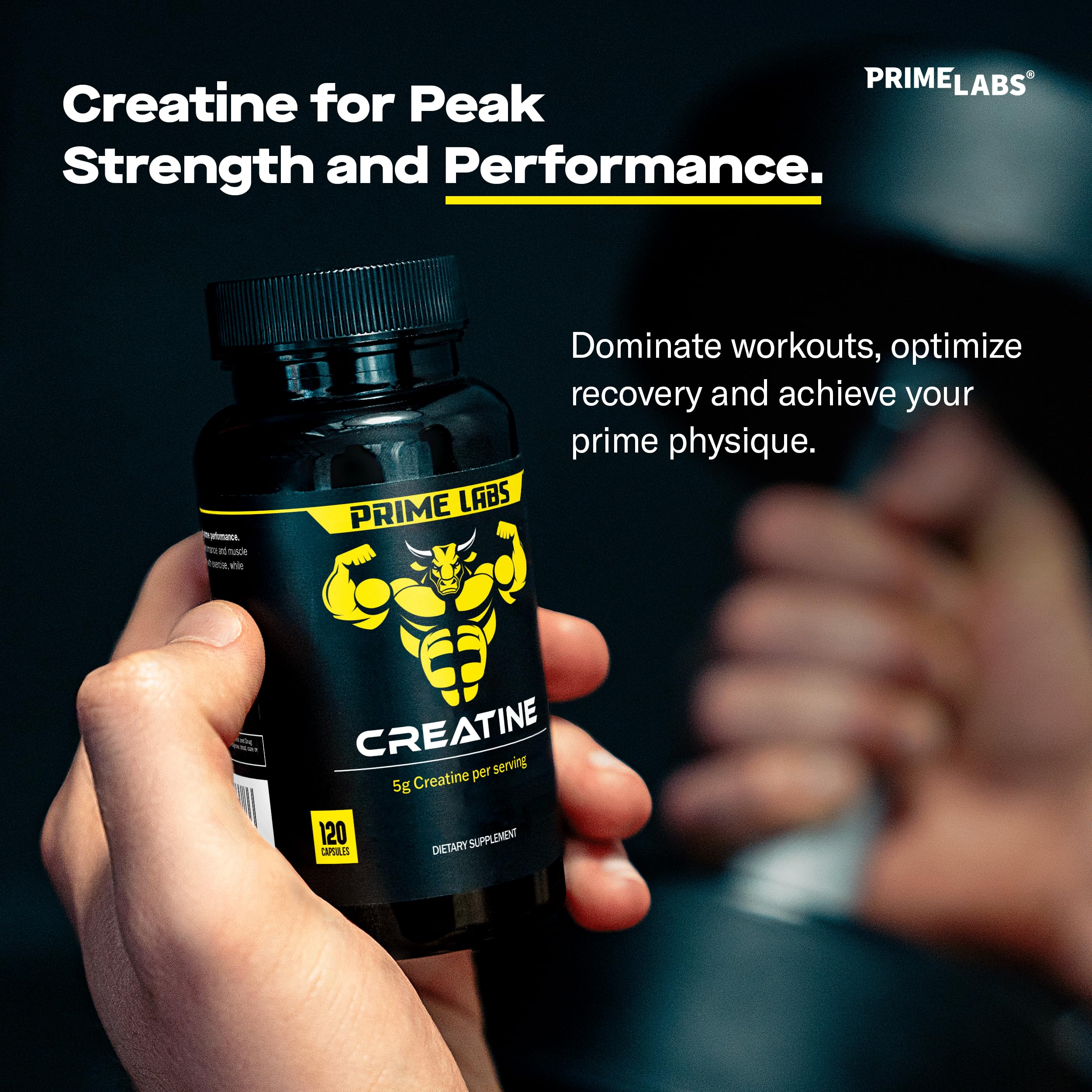 Prime Labs Creatine Monohydrate Capsules 5g - 120 Count | Muscle Growth, Recovery & Brain Function