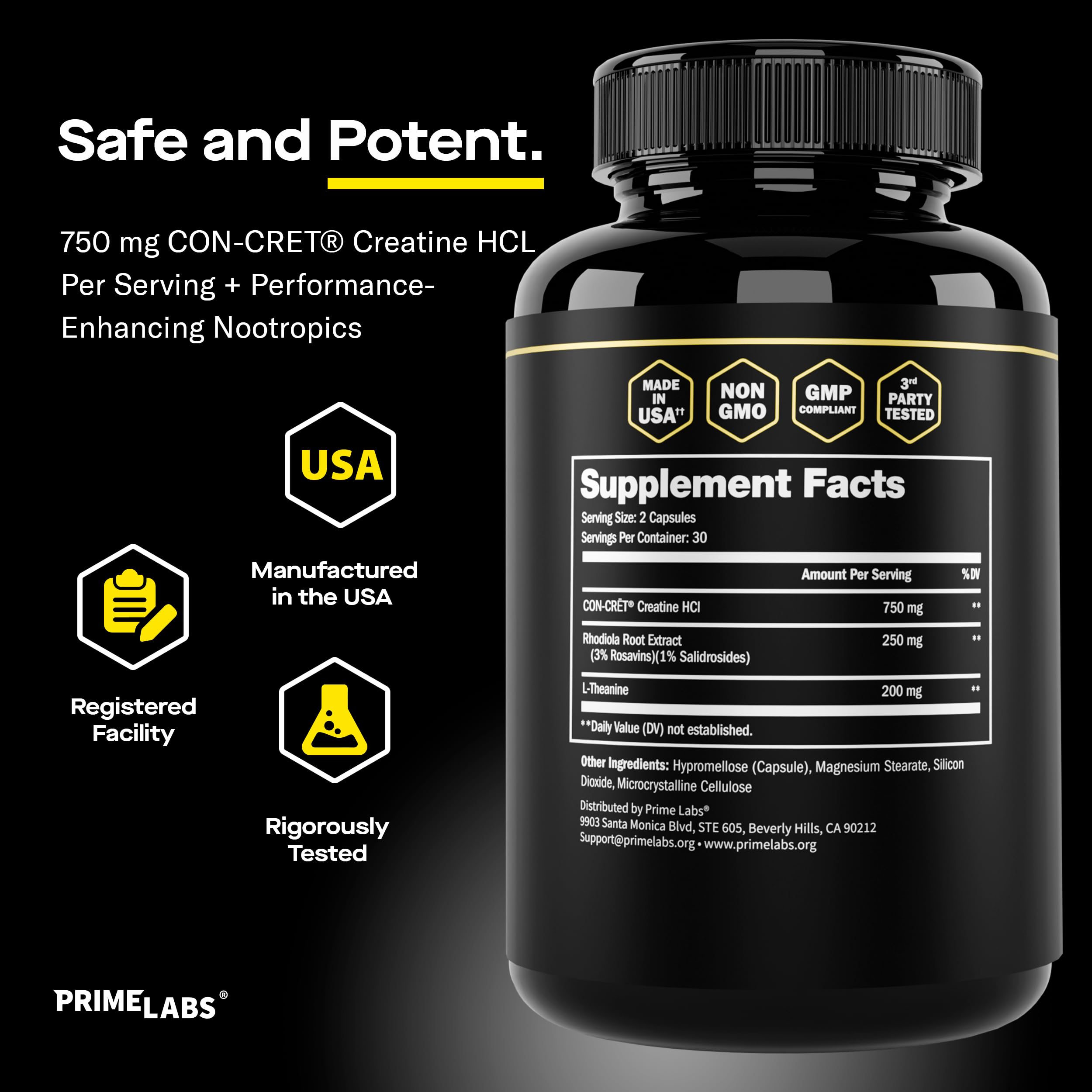 Prime Labs Creatine HCl Capsules – CON-CRĒT, Rhodiola Root Extract & L-Theanine | Muscle Support, Endurance & Cognitive Function – For Men & Women – 60 Pills