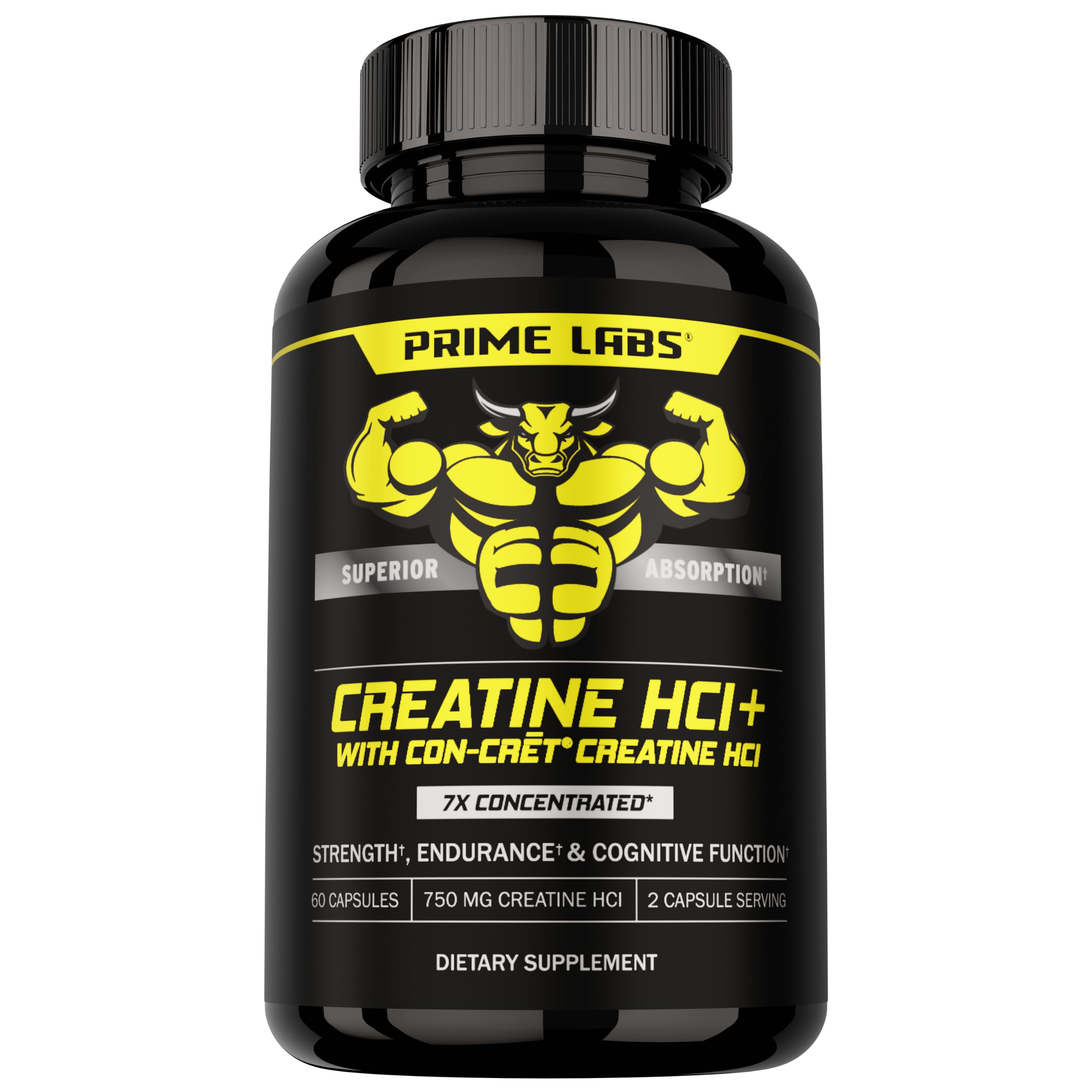 Prime Labs Creatine HCl Capsules – CON-CRĒT, Rhodiola Root Extract & L-Theanine | Muscle Support, Endurance & Cognitive Function – For Men & Women – 60 Pills
