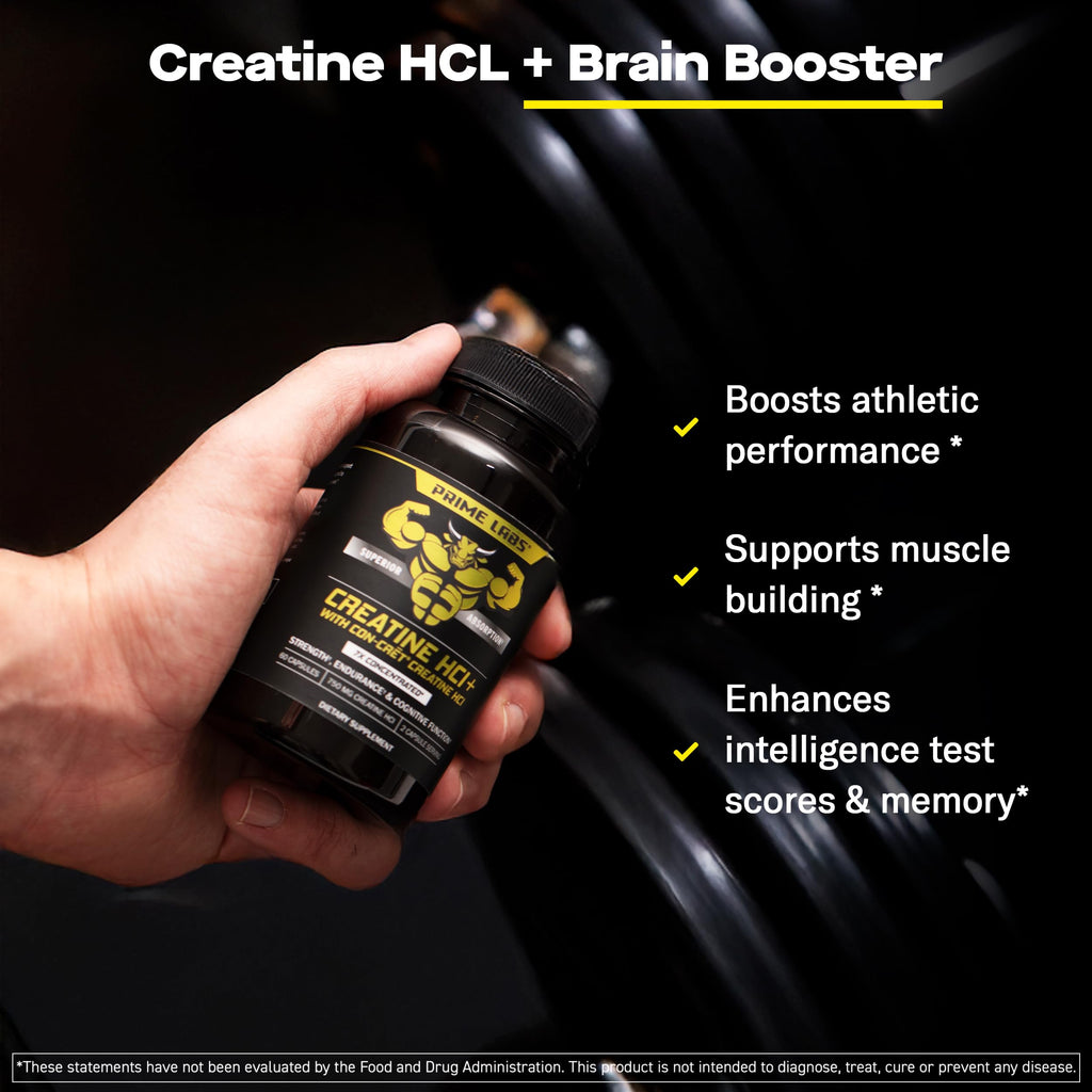 Prime Labs Creatine HCl Capsules – CON-CRĒT, Rhodiola Root Extract & L-Theanine | Muscle Support, Endurance & Cognitive Function – For Men & Women – 60 Pills