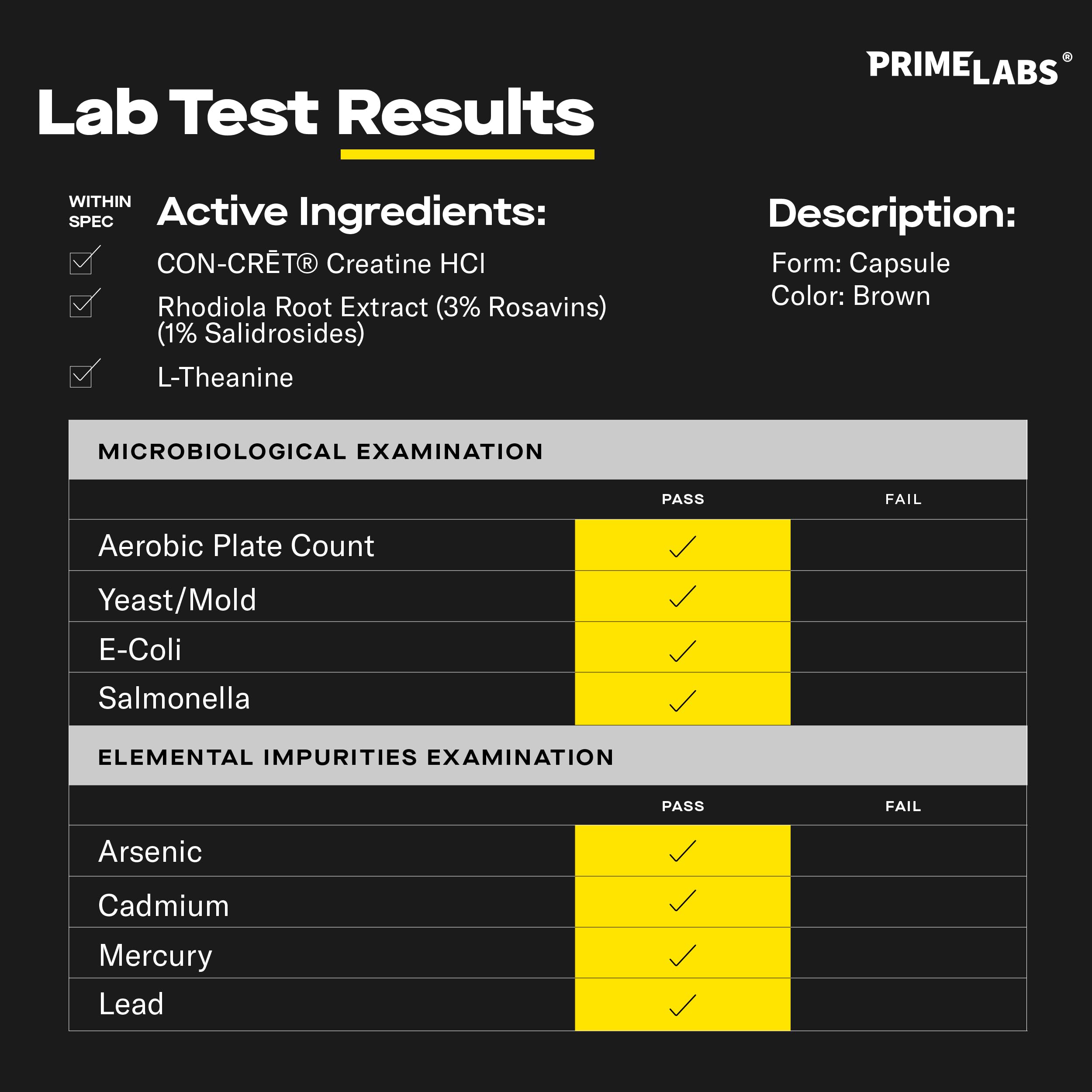 Prime Labs Creatine HCl Capsules – CON-CRĒT, Rhodiola Root Extract & L-Theanine | Muscle Support, Endurance & Cognitive Function – For Men & Women – 60 Pills
