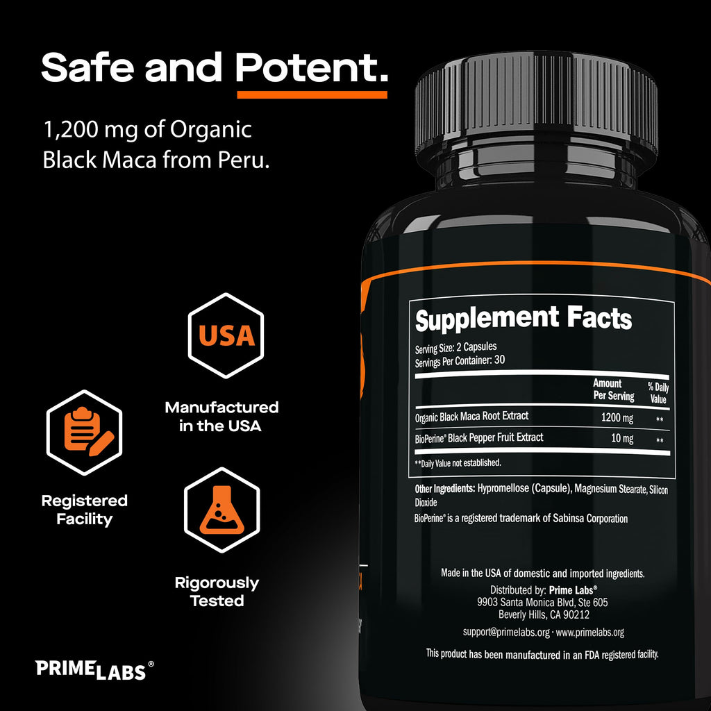 Prime Labs Organic Black Maca Root Capsules 1200mg – 60 Count | Peruvian 20:1 Extract
