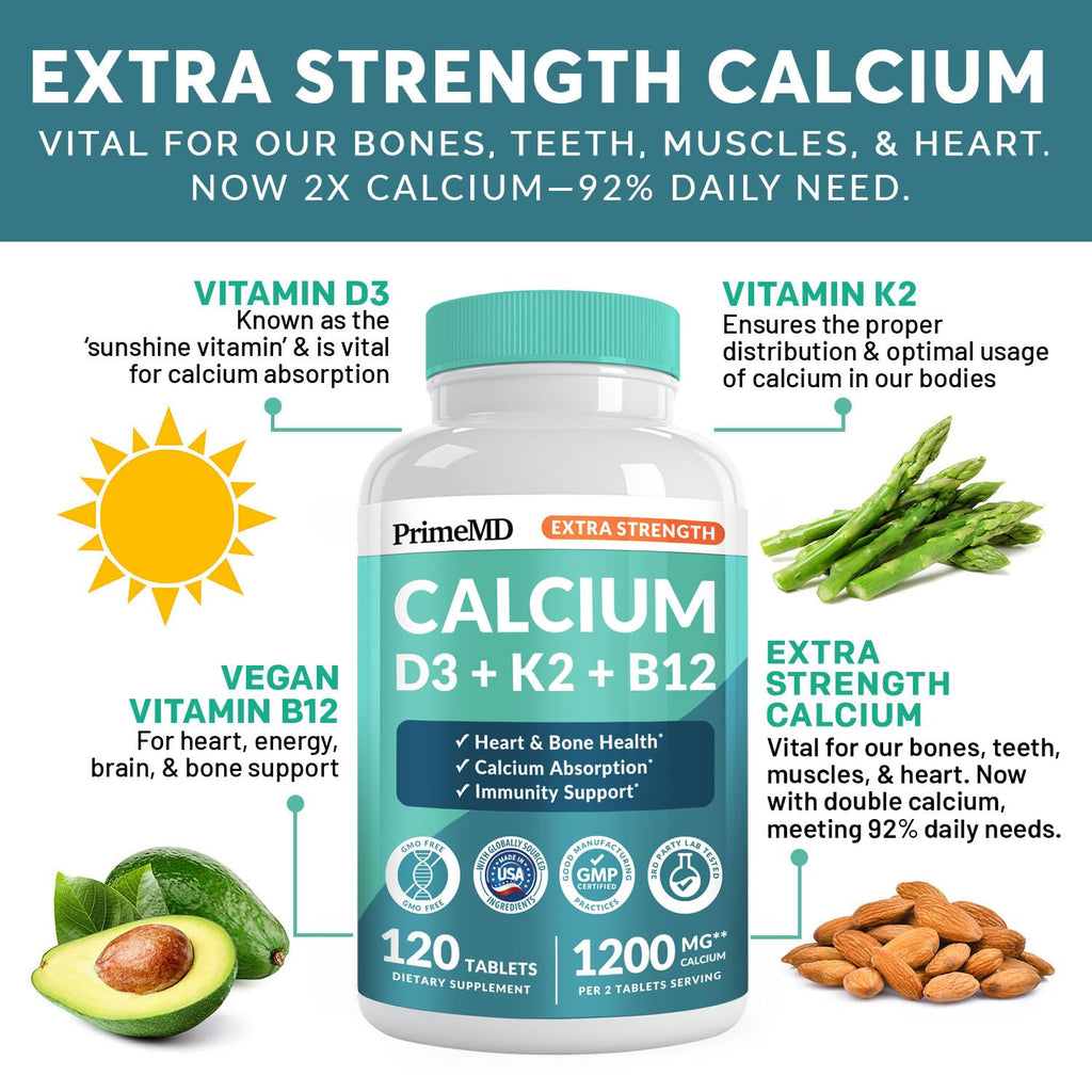 PrimeMD 4-in-1 Calcium 1200 mg with Vitamin D3 & K2 – Vegan Supplement (120 Count)