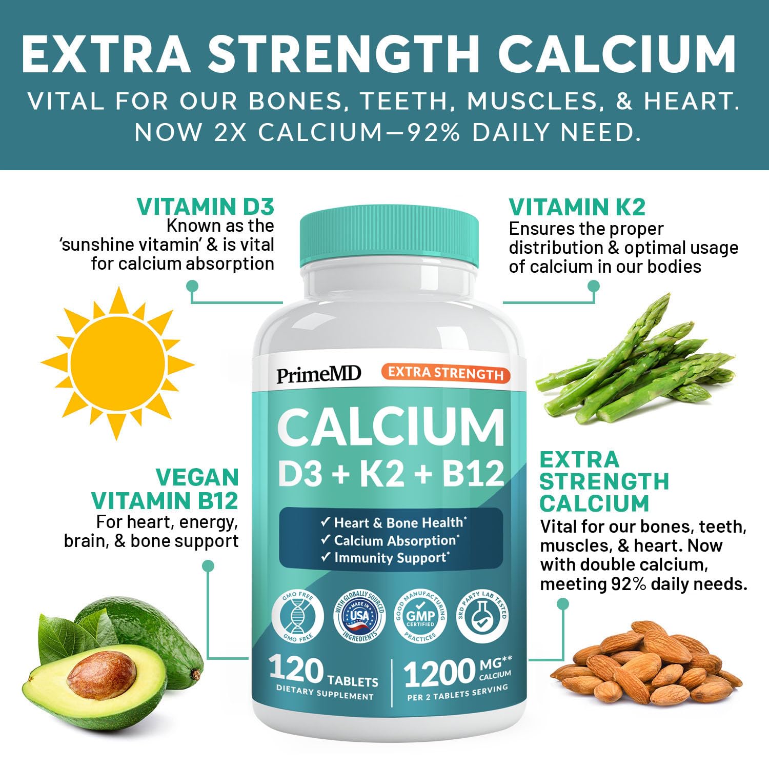 PrimeMD 4-in-1 Calcium 1200 mg with Vitamin D3 & K2 – Vegan Supplement (120 Count)