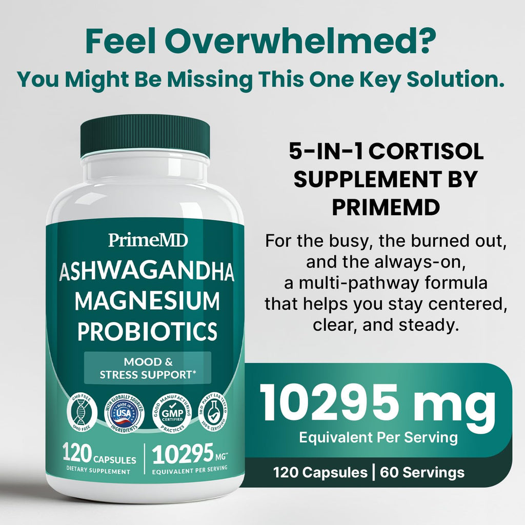 PrimeMD 5-in-1 Cortisol Supplement – Calm, Focus & Adrenal Support (120 ct, Pack of 4)