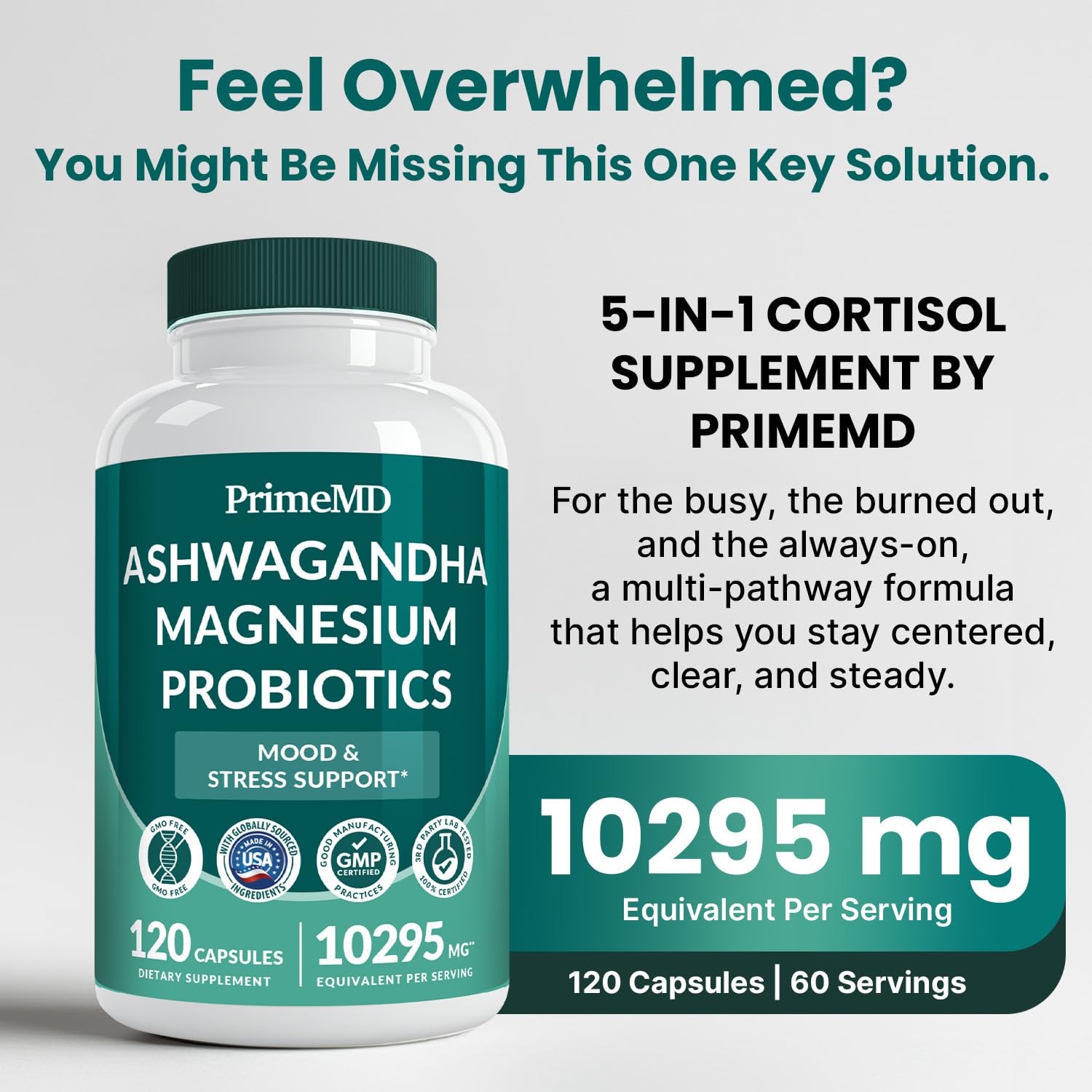 PrimeMD 5-in-1 Cortisol Supplement – Calm, Focus & Adrenal Support (120 ct, Pack of 4)