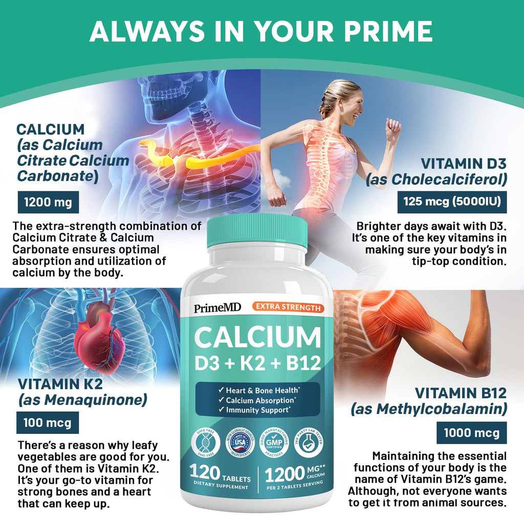 PrimeMD 4-in-1 Calcium 1200 mg with Vitamin D3 & K2 – Vegan Supplement (120 Count)