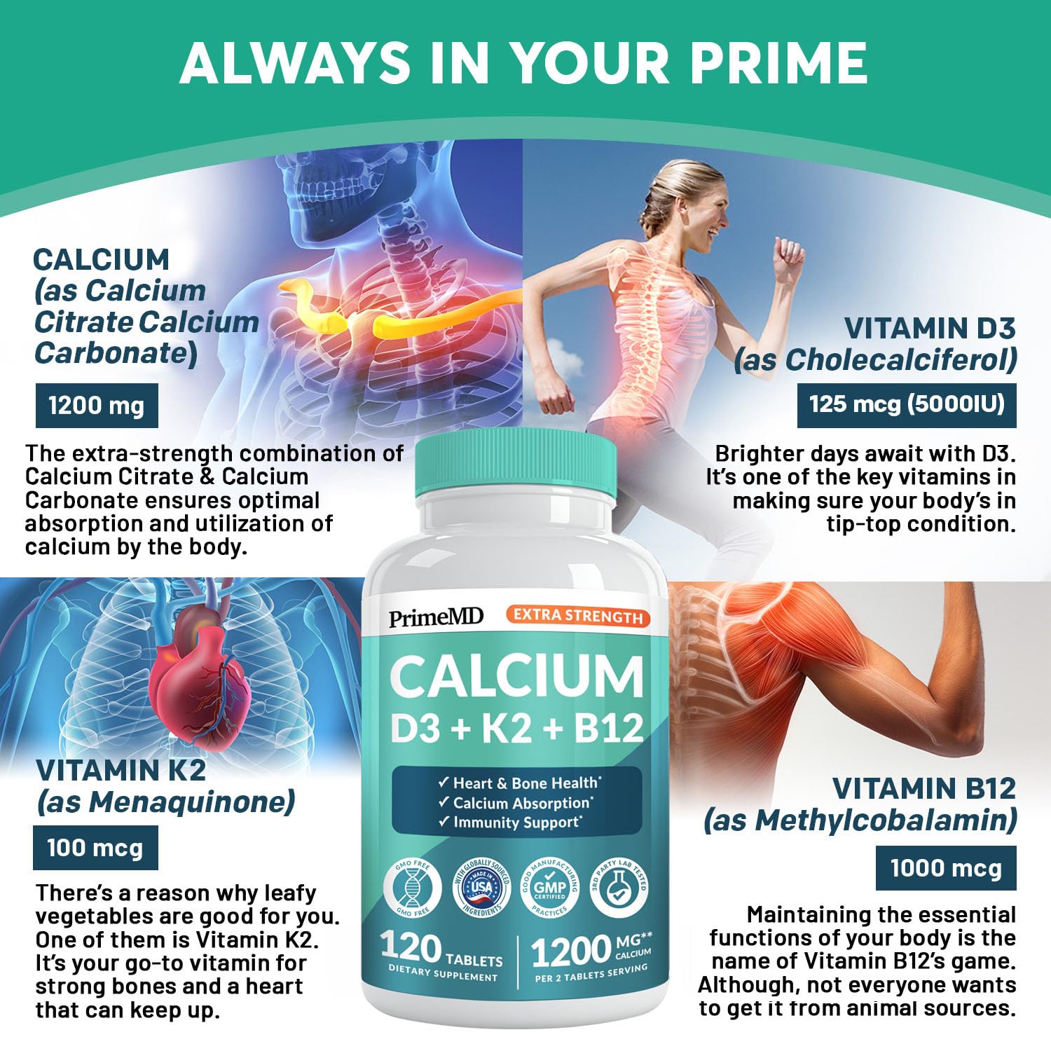 PrimeMD 4-in-1 Calcium 1200 mg with Vitamin D3 & K2 – Vegan Supplement (120 Count)