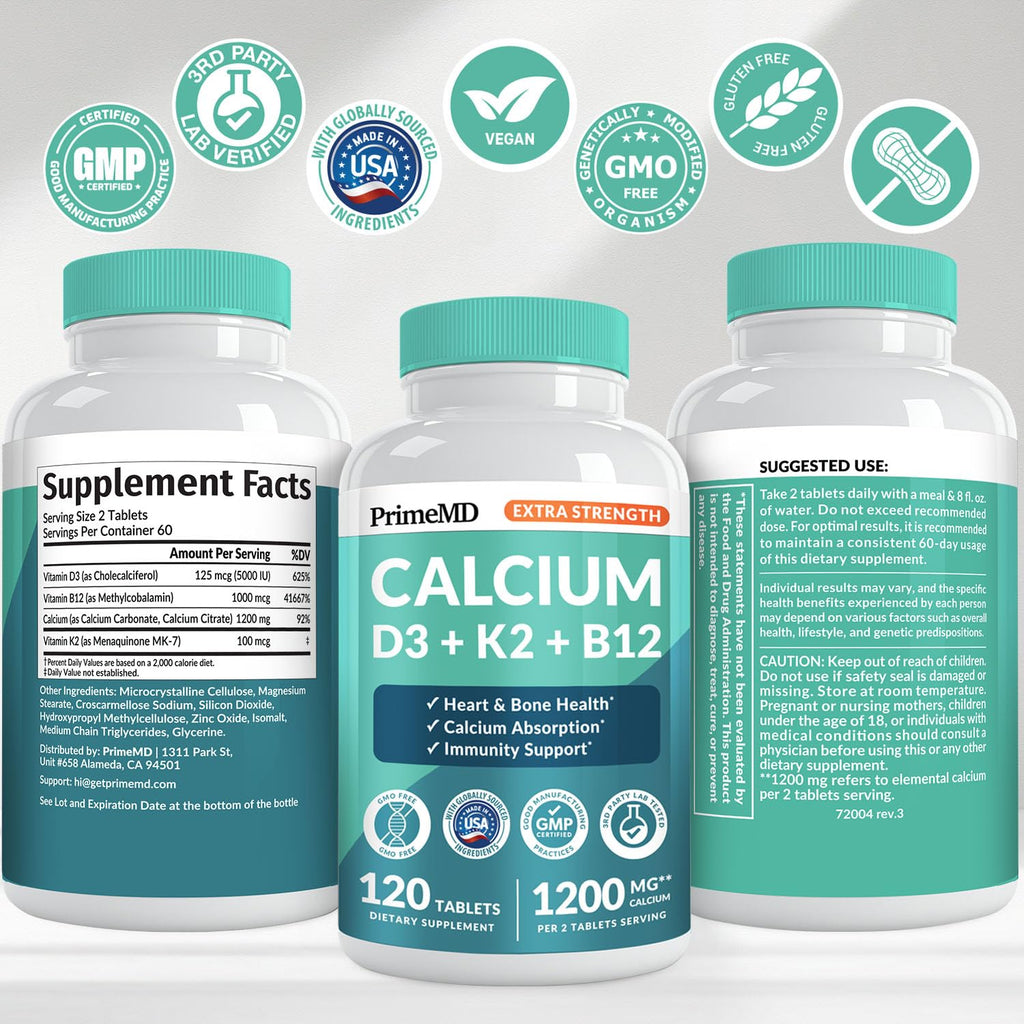 PrimeMD 4-in-1 Calcium 1200 mg with Vitamin D3 & K2 – Vegan Supplement (120 Count)