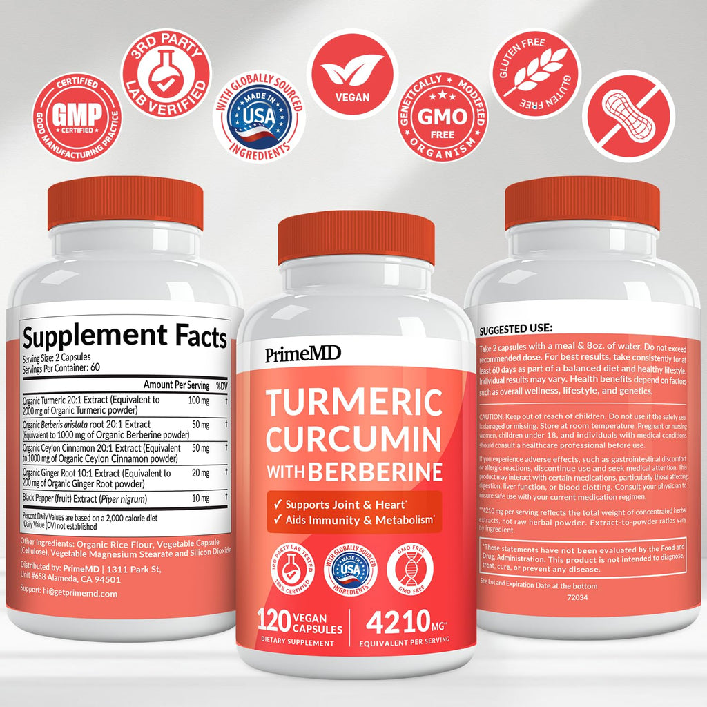 PrimeMD 5-in-1 Organic Turmeric Curcumin + Berberine & Cinnamon (4210mg) – 120 ct Pack of 4