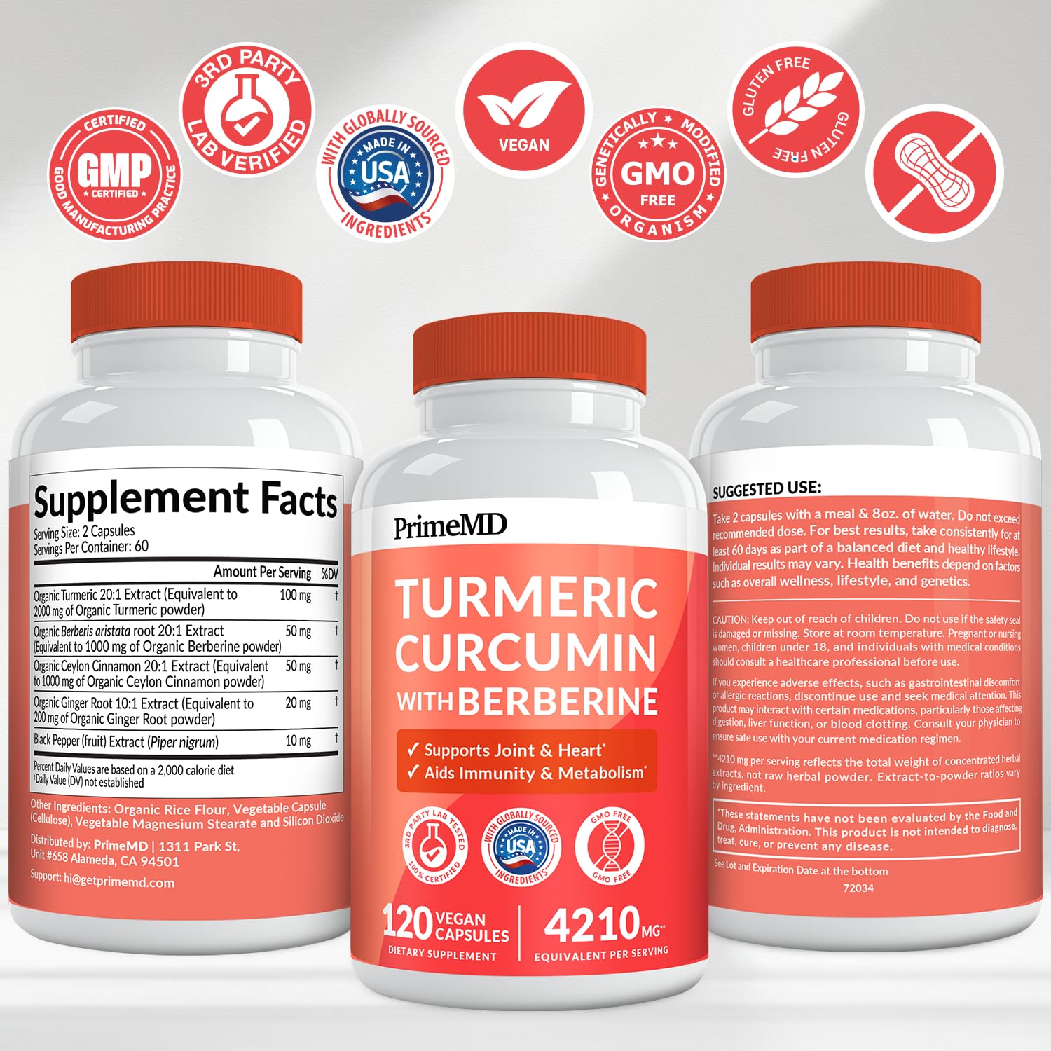 PrimeMD 5-in-1 Organic Turmeric Curcumin + Berberine & Cinnamon (4210mg) – 120 ct Pack of 4