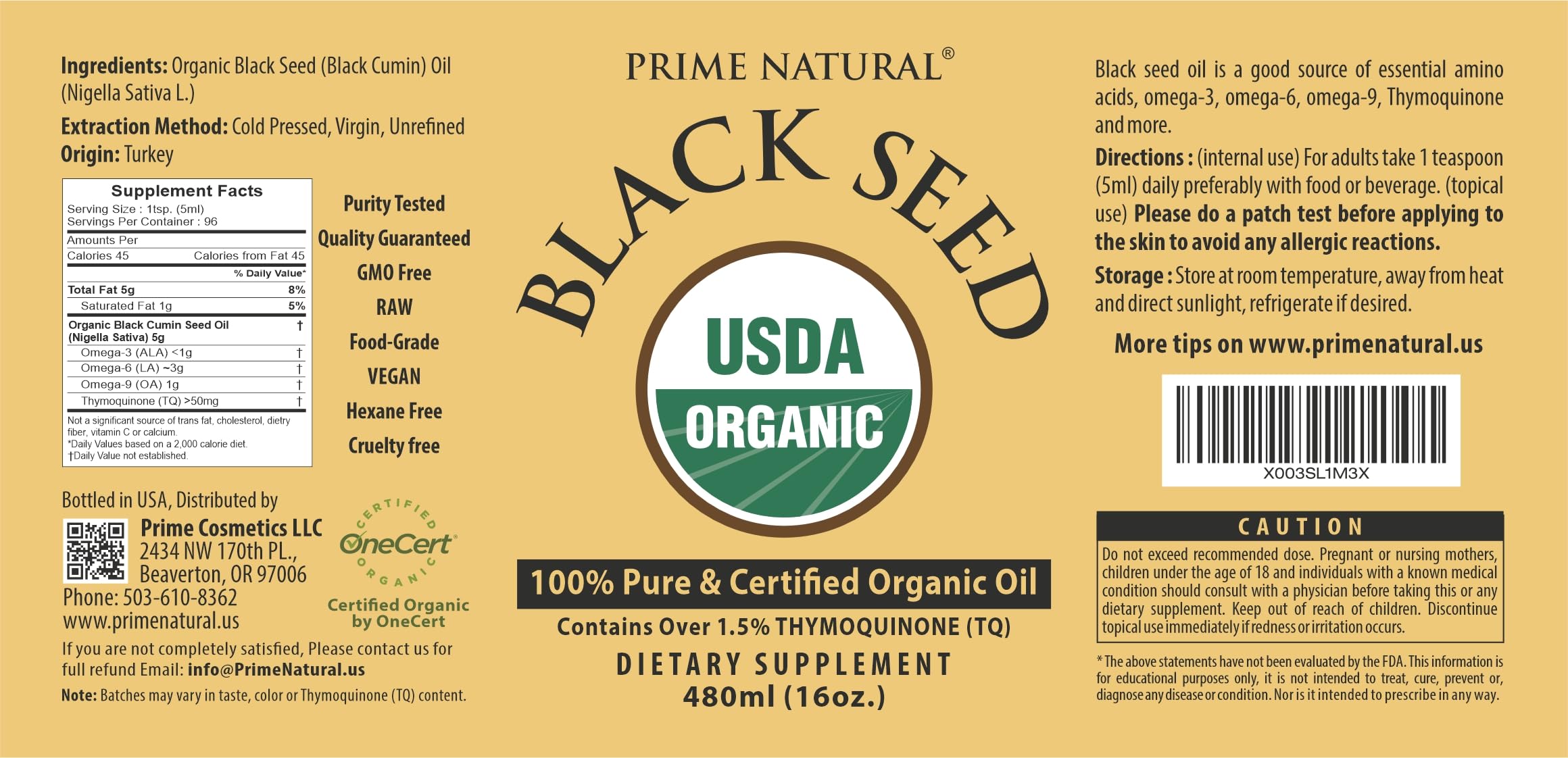 Prime Natural Organic Black Seed Oil 16oz – Cold Pressed, 1.7% Thymoquinone, USDA Organic, Turkish Origin