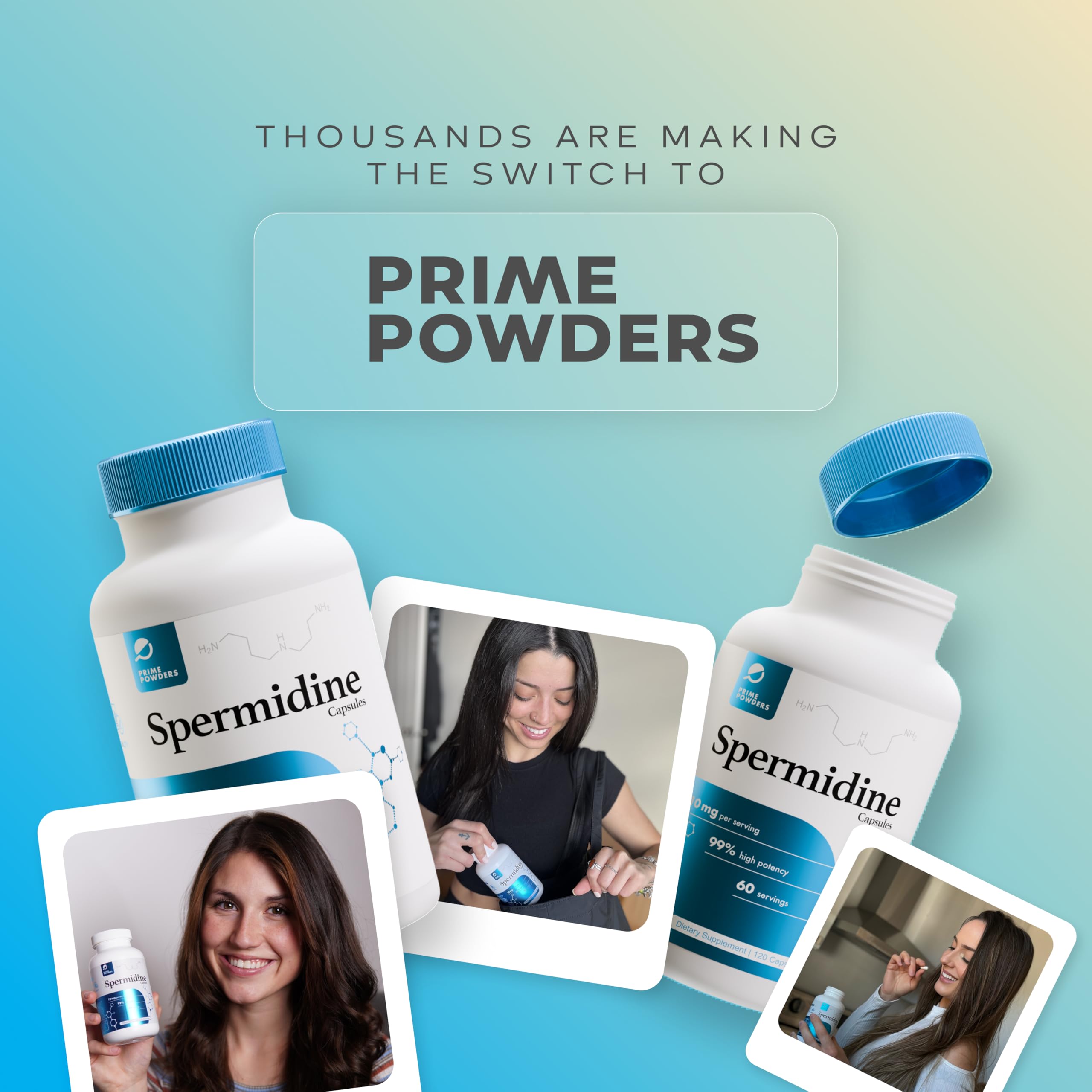 Prime Powders Spermidine Capsules – Gluten Free, 99% Purity, 10 mg Serving, DNA Telomere Support