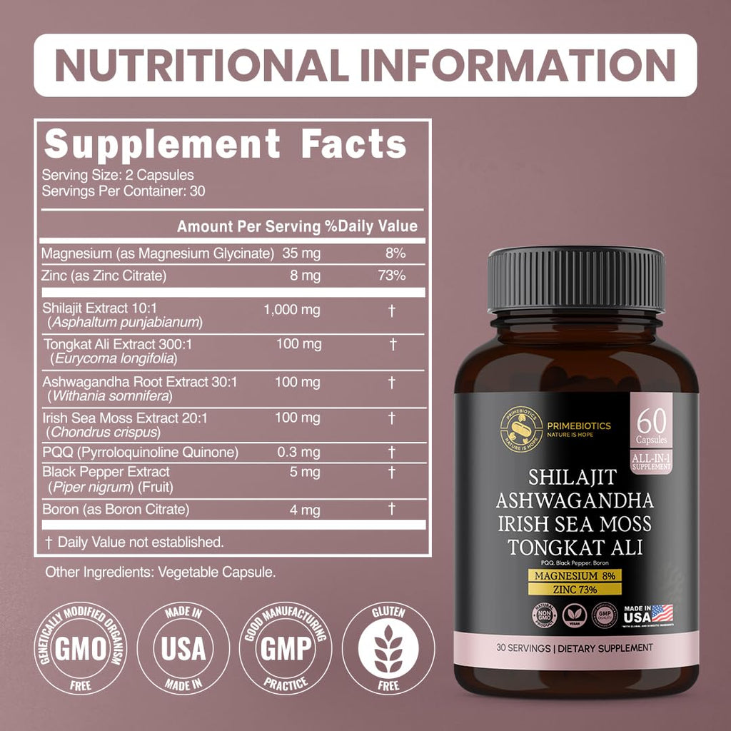 PRIMEBIOTICS All-in-1 Shilajit Supplement with Ashwagandha – 60 Capsules