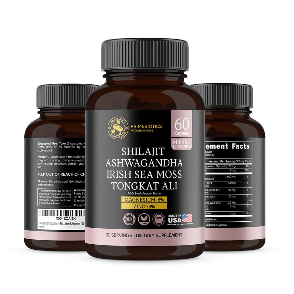 PRIMEBIOTICS All-in-1 Shilajit Supplement with Ashwagandha – 60 Capsules