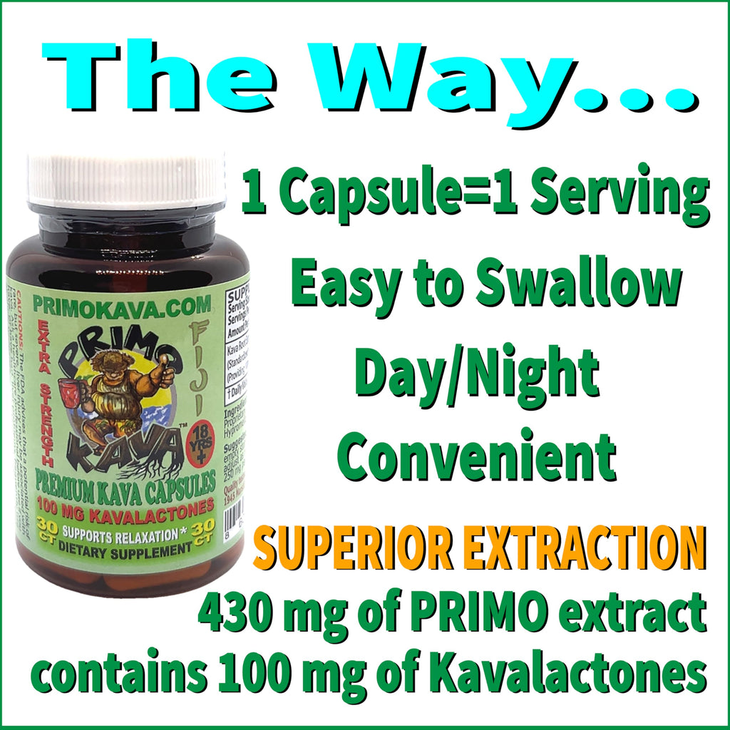 PRIMO KAVA Kava Capsules – Authentic Fiji Kava | 100mg Kavalactones | 30 Count