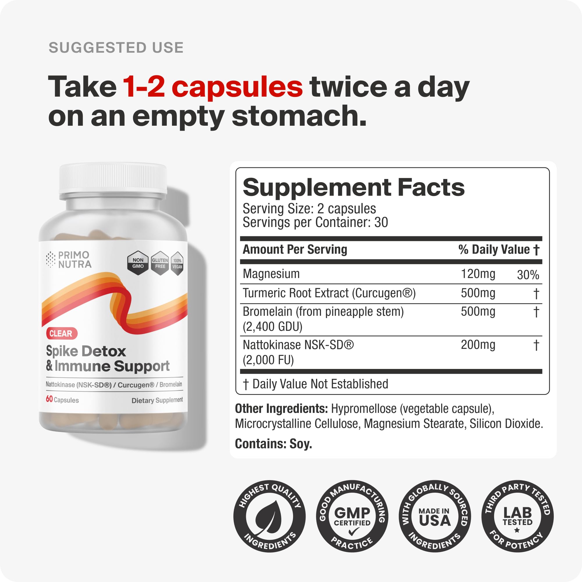 PRIMONUTRA Spike Detox with NSK-SD Nattokinase, Bromelain, Curcugen & Molecular Hydrogen