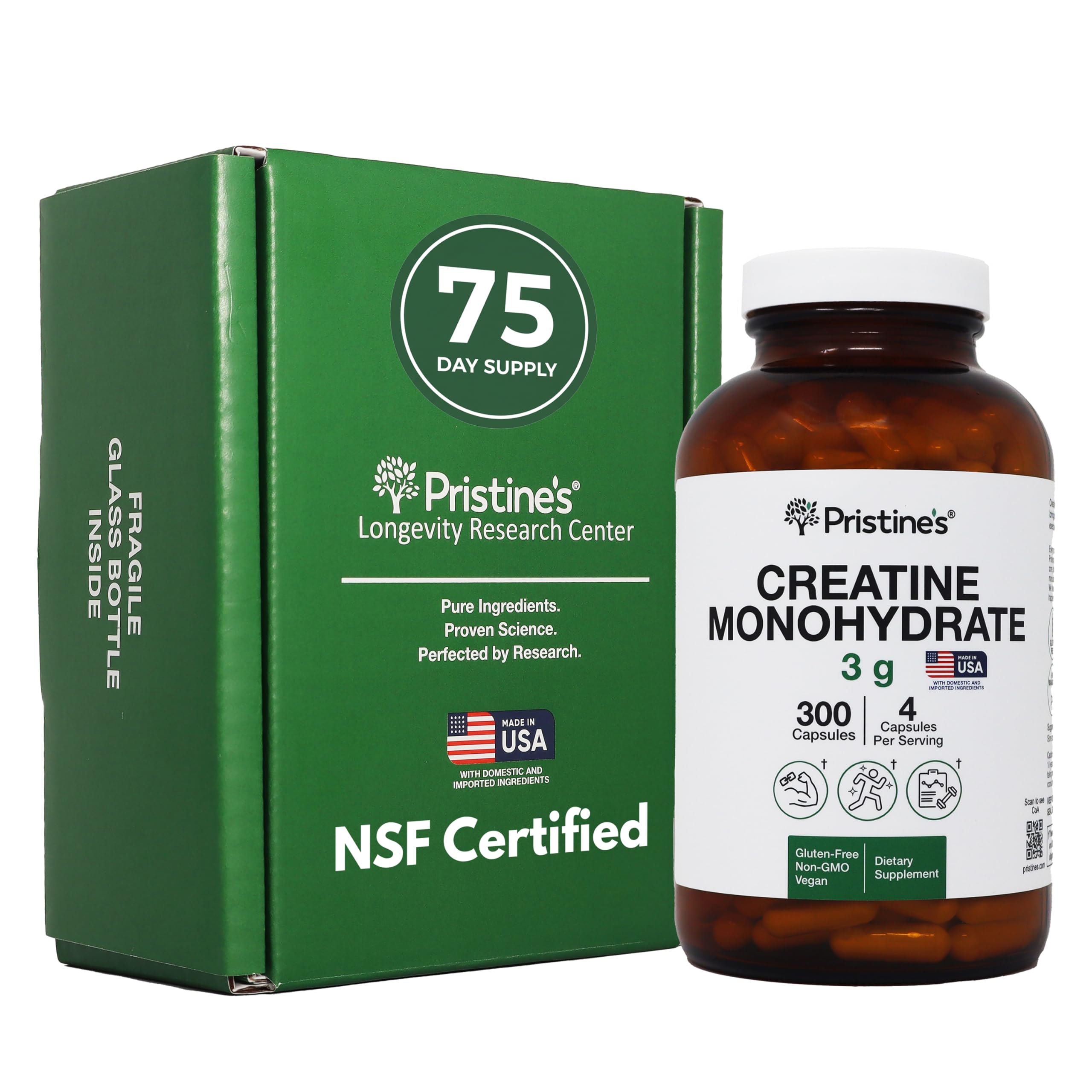 PRISTINE'S Creatine Monohydrate Capsules – NSF Certified, 75 Day Supply, 3G Muscle Growth & Recovery