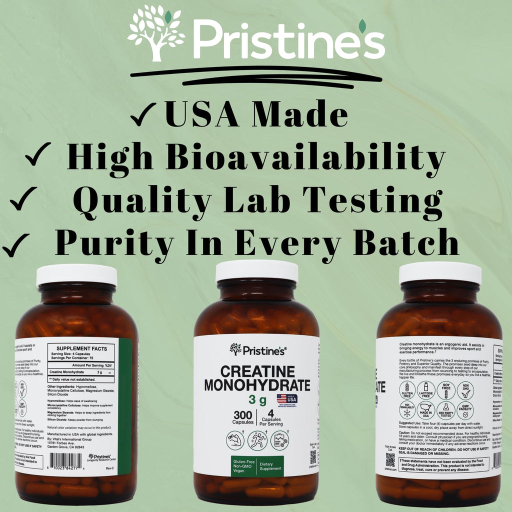 PRISTINE'S Creatine Monohydrate Capsules – NSF Certified, 75 Day Supply, 3G Muscle Growth & Recovery