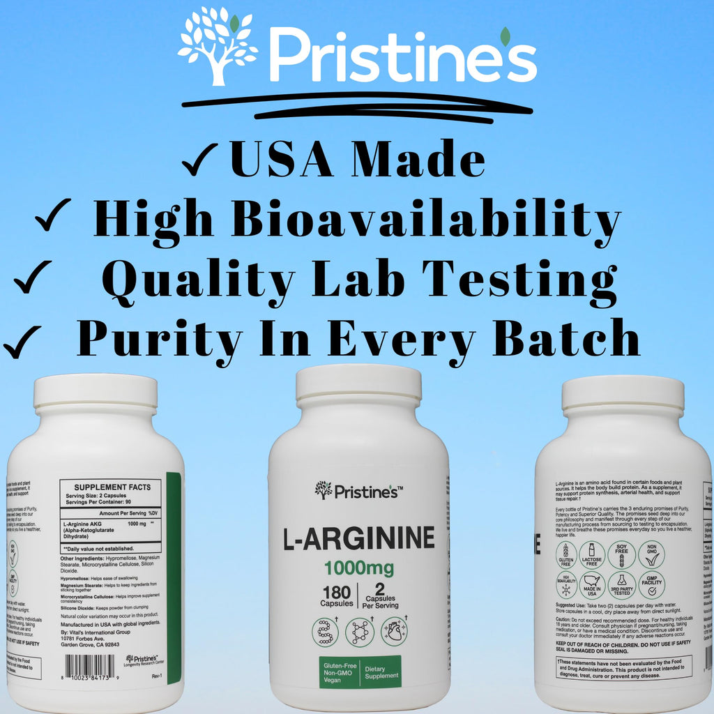 PRISTINE'S L Arginine 1000mg Capsules | 90 Day Supply | Nitric Oxide & Pre-Workout
