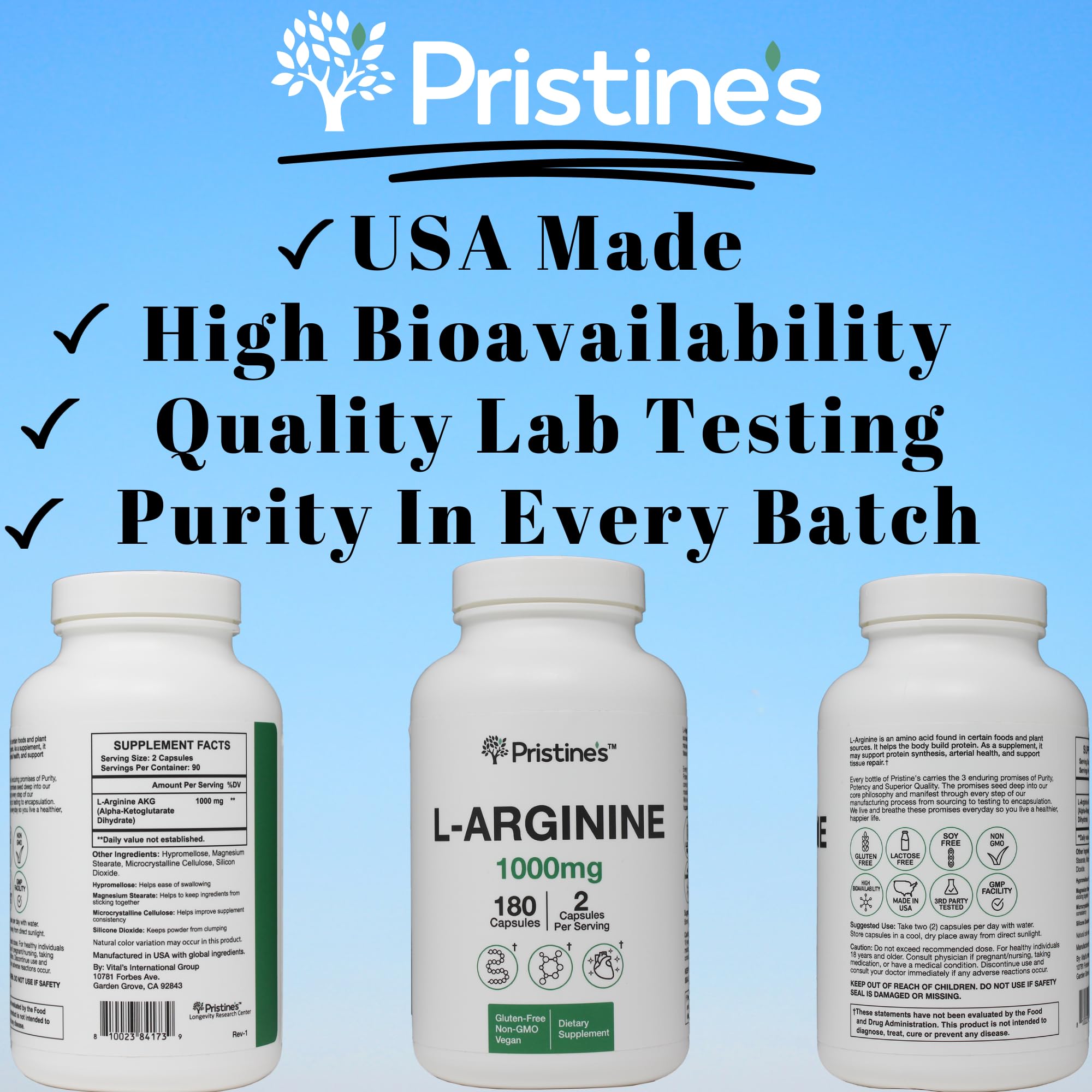 PRISTINE'S L Arginine 1000mg Capsules | 90 Day Supply | Nitric Oxide & Pre-Workout