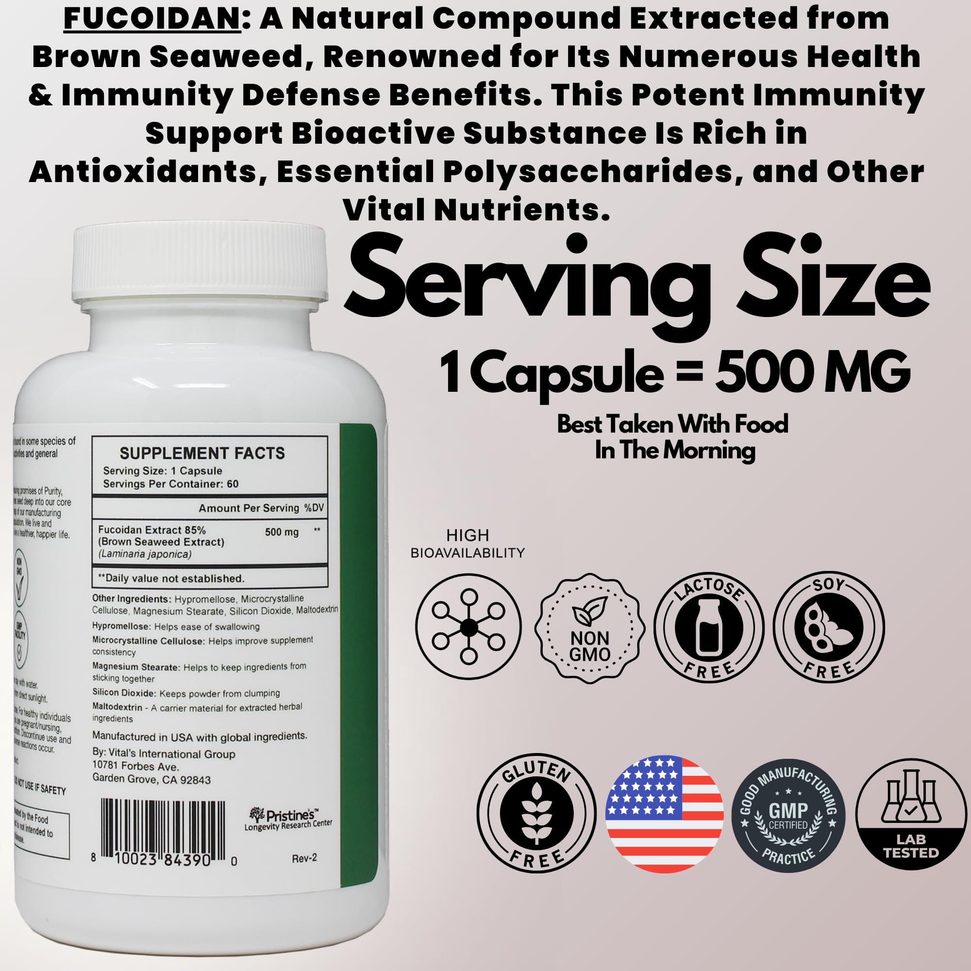 PRISTINE'S Fucoidan 500MG Immunity Supplement - 60 Day Supply
