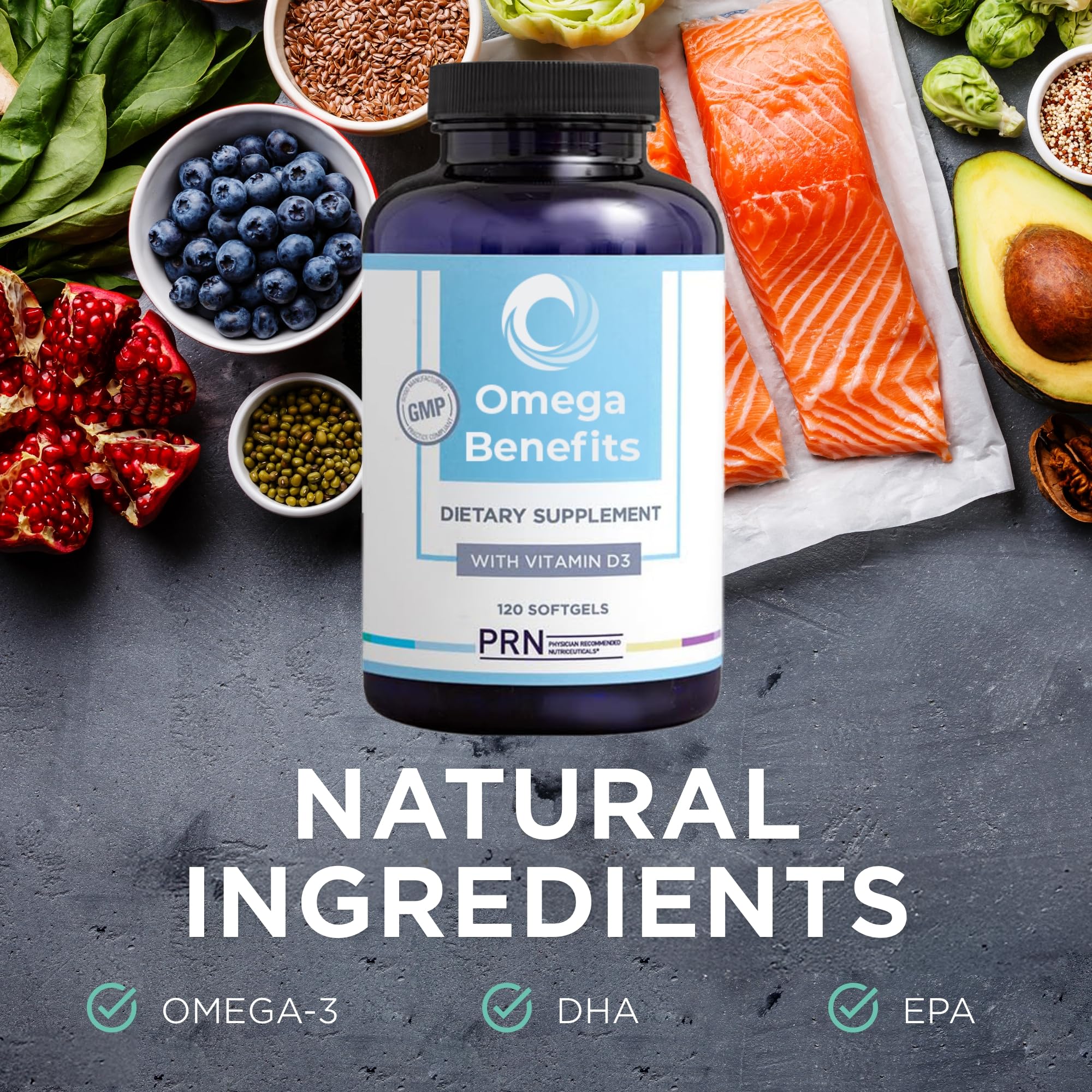 PRN DE Omega-3 Supplement - 120 Softgels, 30-Day Supply | rTG EPA 1680mg / DHA 560mg + Vitamin D