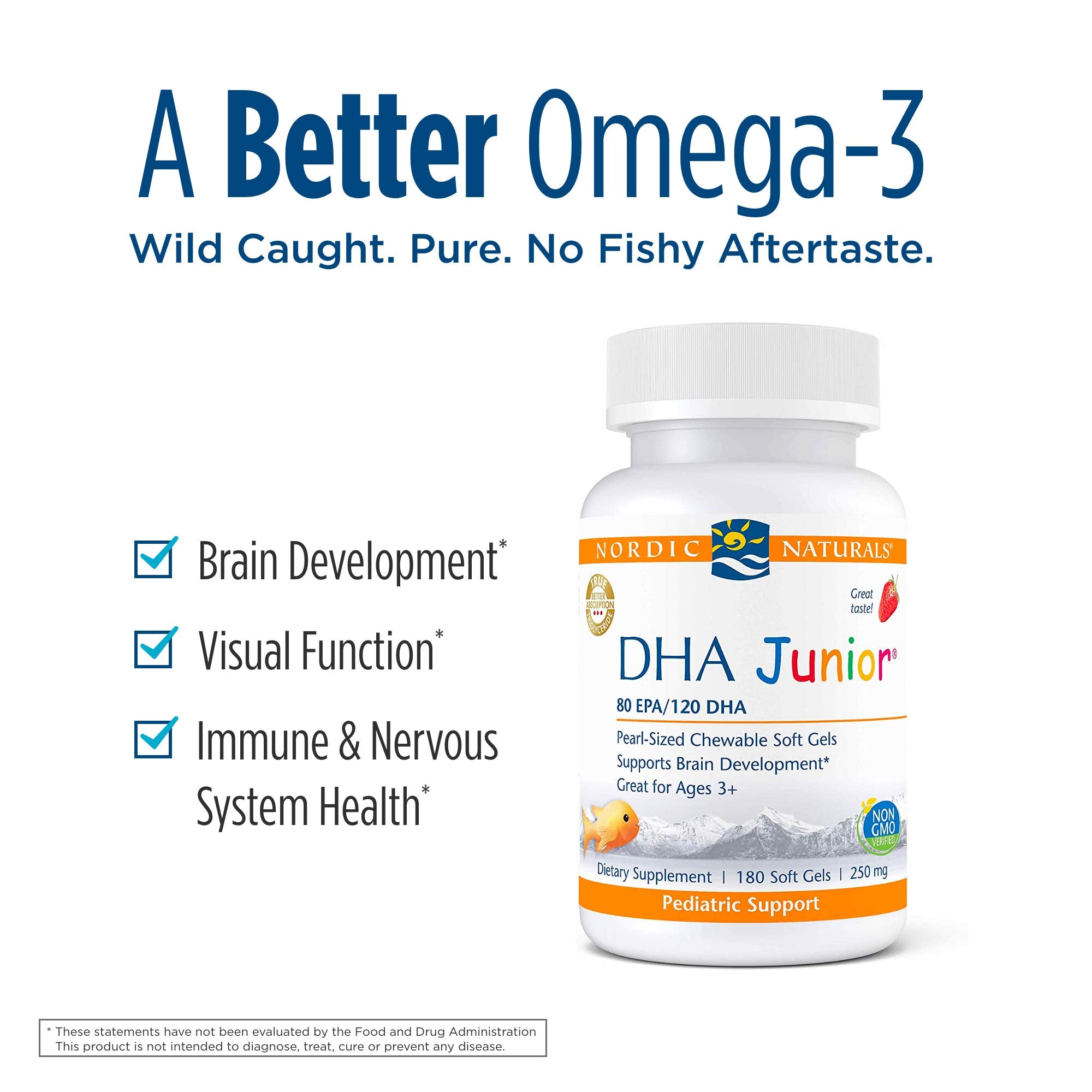 Nordic Naturals Pro DHA Junior Strawberry – 180 Mini Chewables, 250 mg Omega-3s, Brain & Visual Support – Non-GMO