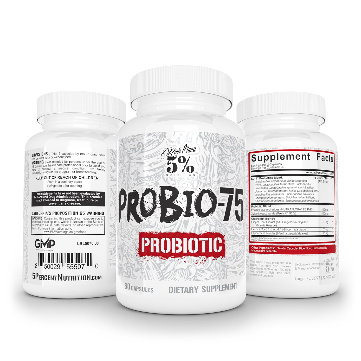 5% Nutrition Rich Piana Probio-75 Billion CFUs | Vegan, 14 Unique Strains
