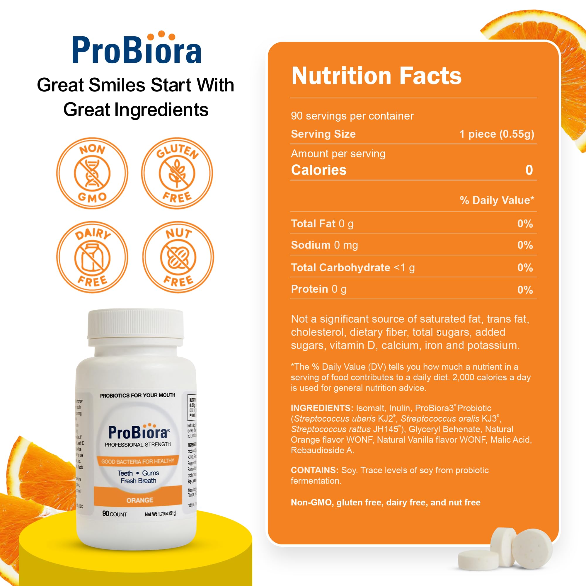 ProBiora Professional Strength Oral Probiotics for Teeth & Gums | Bad Breath & Whitening | 90 Orange Tablets