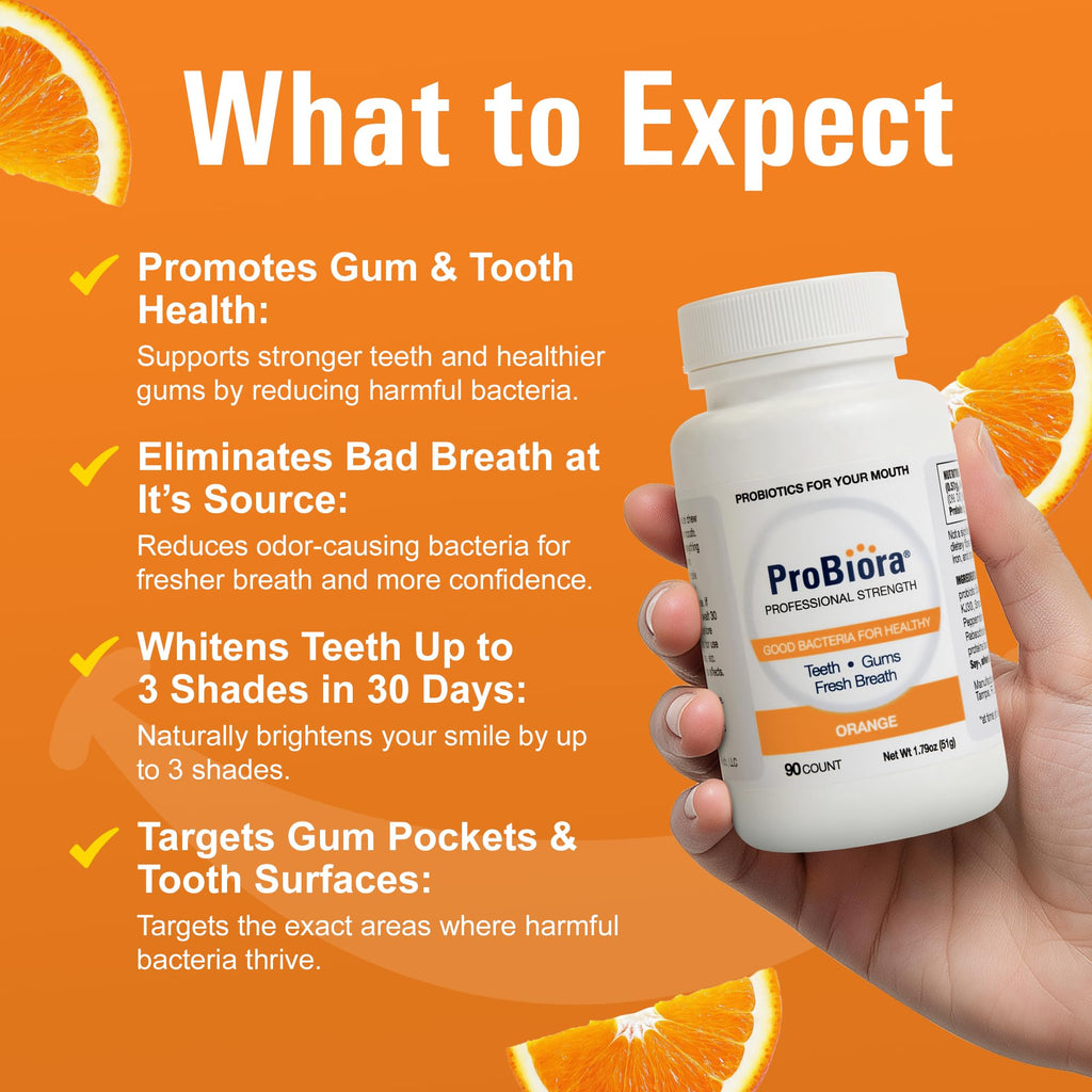 ProBiora Professional Strength Oral Probiotics for Teeth & Gums | Bad Breath & Whitening | 90 Orange Tablets