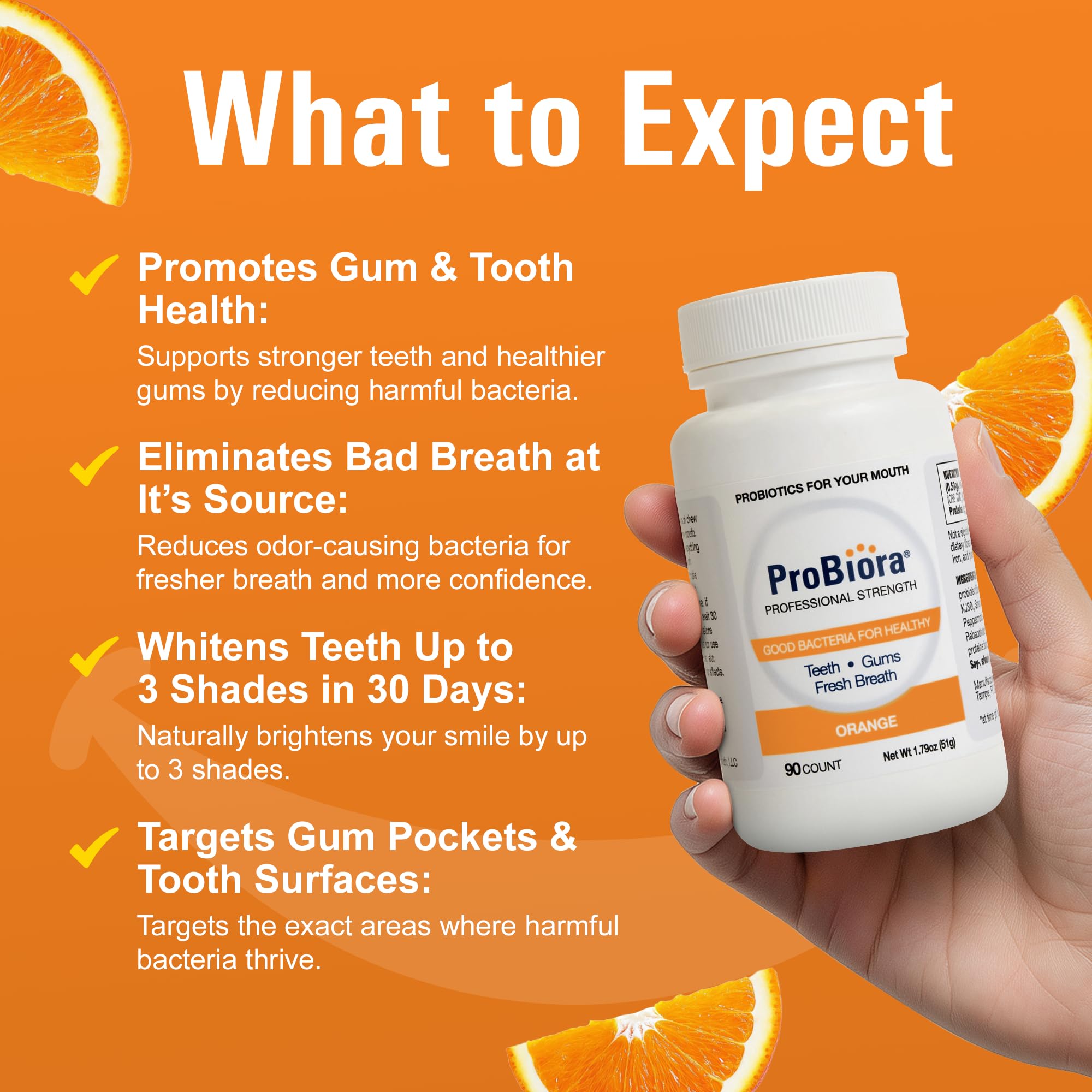 ProBiora Professional Strength Oral Probiotics for Teeth & Gums | Bad Breath & Whitening | 90 Orange Tablets