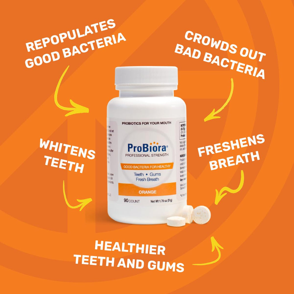 ProBiora Professional Strength Oral Probiotics for Teeth & Gums | Bad Breath & Whitening | 90 Orange Tablets