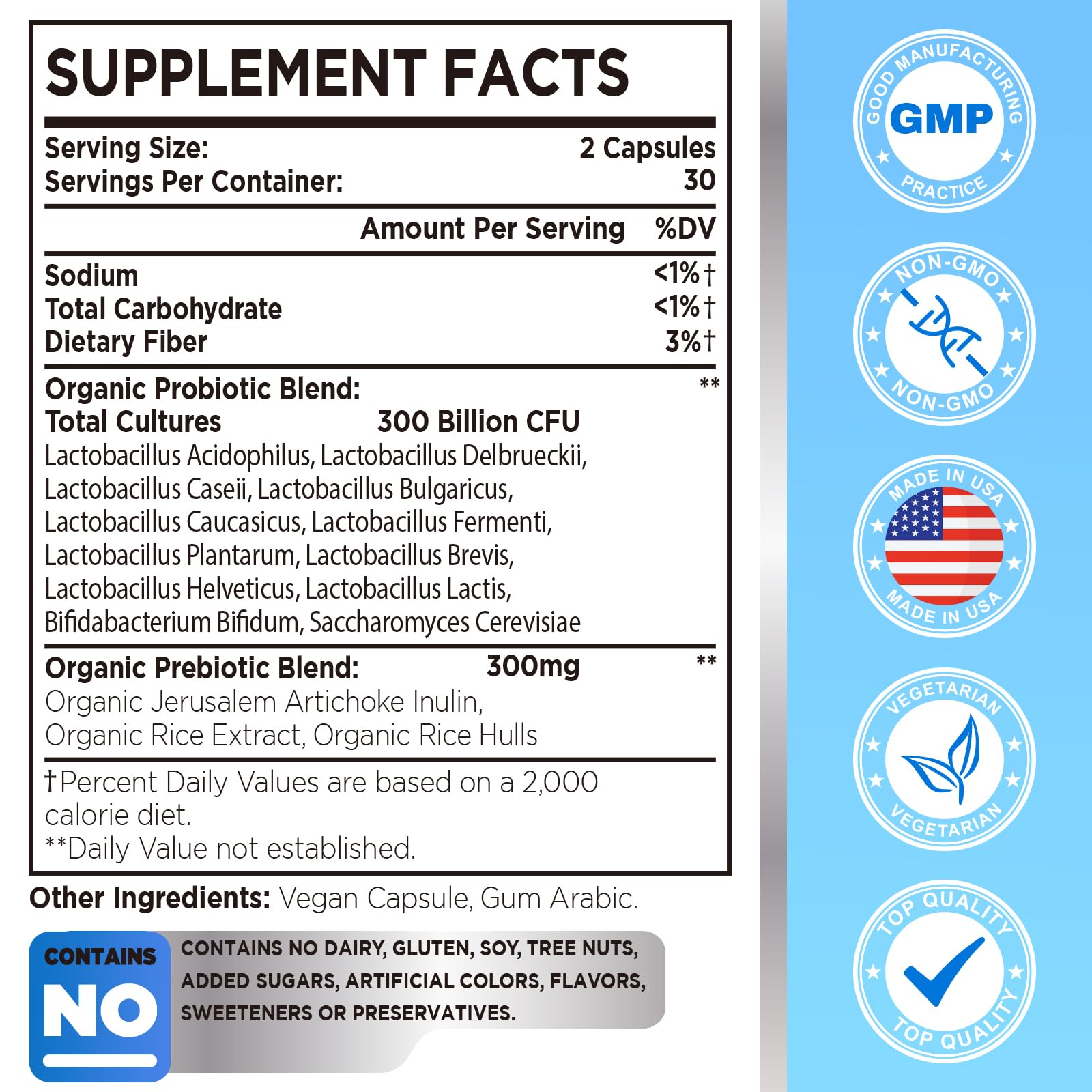 300 Billion CFU Probiotic – 12 Strains + 3 Prebiotics, Vegan