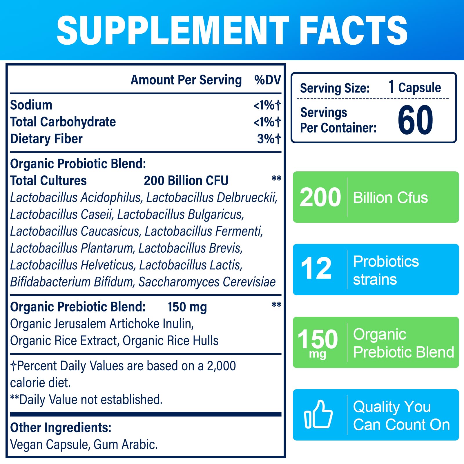 200 Billion CFU Probiotic – 12 Strains + 3 Organic Prebiotics, 240 Caps (240-Day), Non-GMO