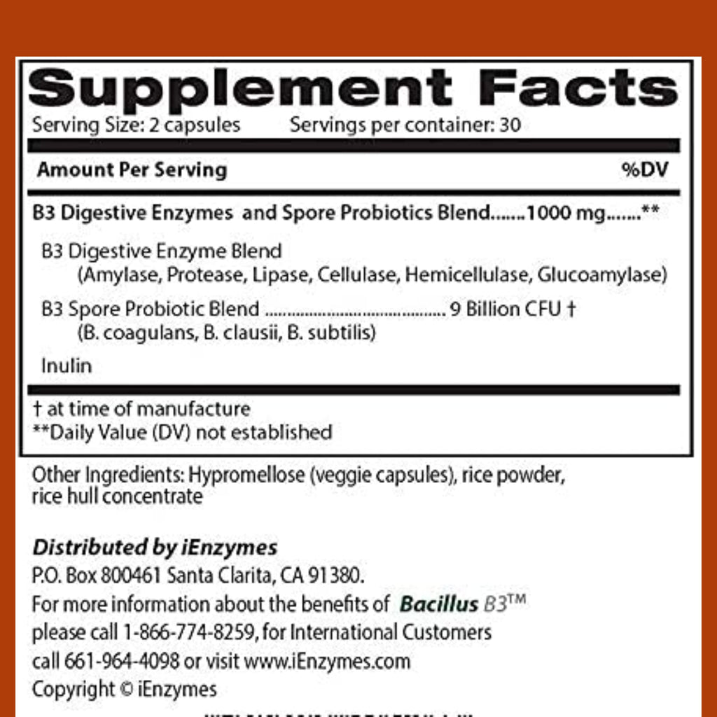New Bacillus B3 Probiotic Complex & Enzymes – 60 Capsules (100% Spore-Based SBO)