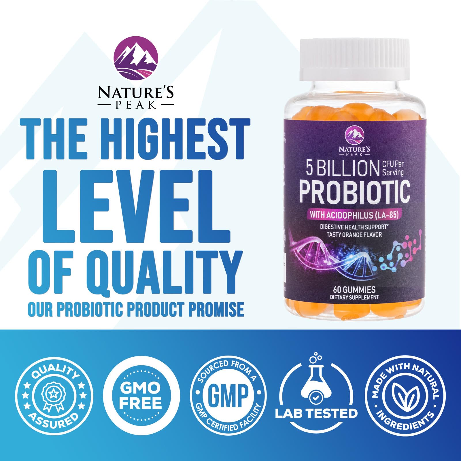 Probiotic Gummies 5 Billion CFU - 60 Count Orange Flavor | Digestive Health & Immune Support