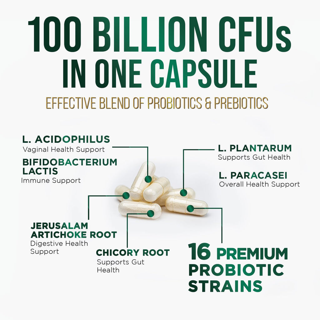 Probiotics 100 Billion CFU - 16 Strains + Prebiotics | 120 Capsules