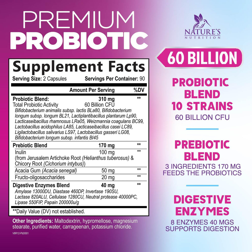 Probiotics 60B CFU – 10 Strains + Prebiotics | Digestive, Gut & Immune Support | 180 Capsules