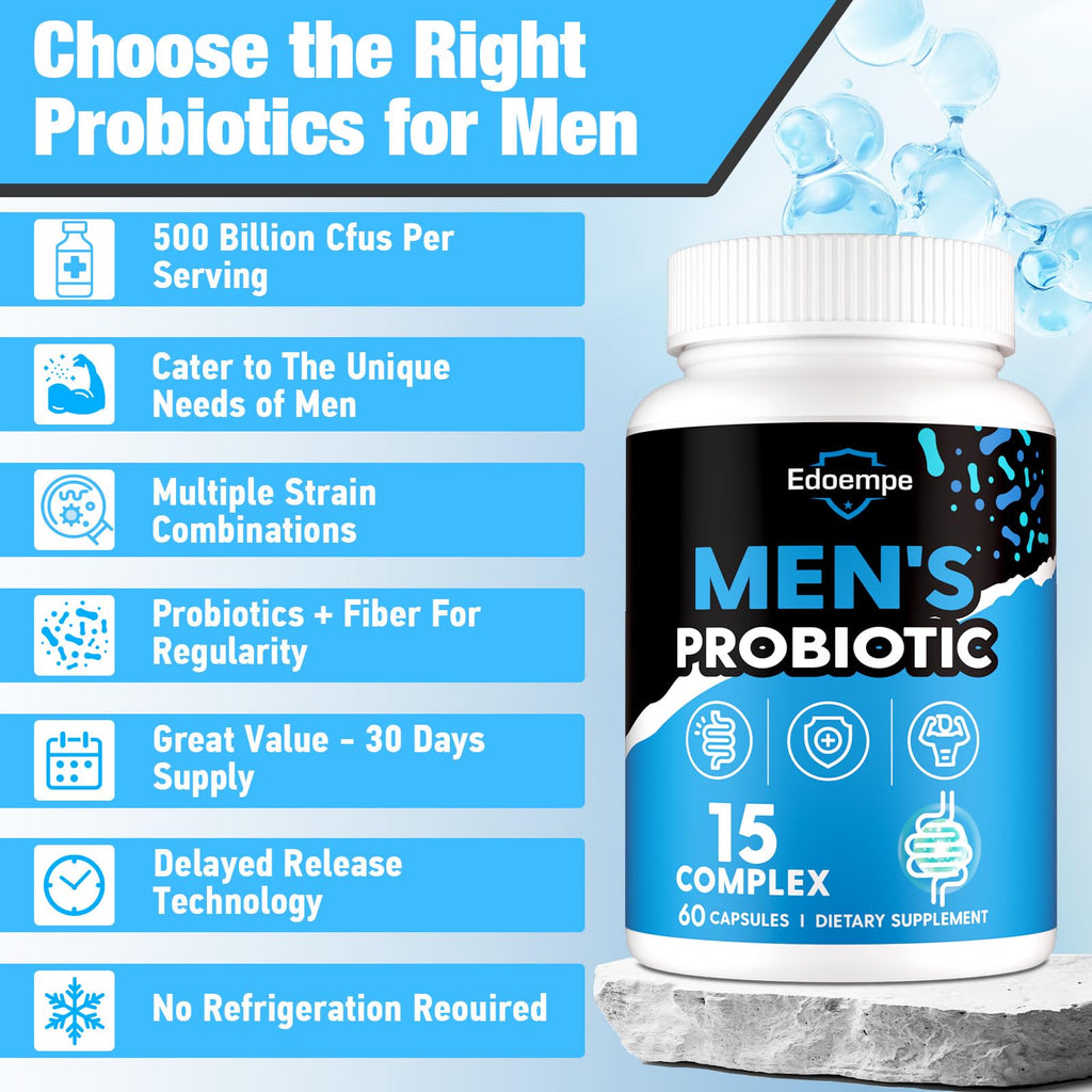 Probiotics for Men - 500B CFU, 12 Strains, Gut & Digestive Health, Energy, Prostate & Urinary Support | 60 Caps